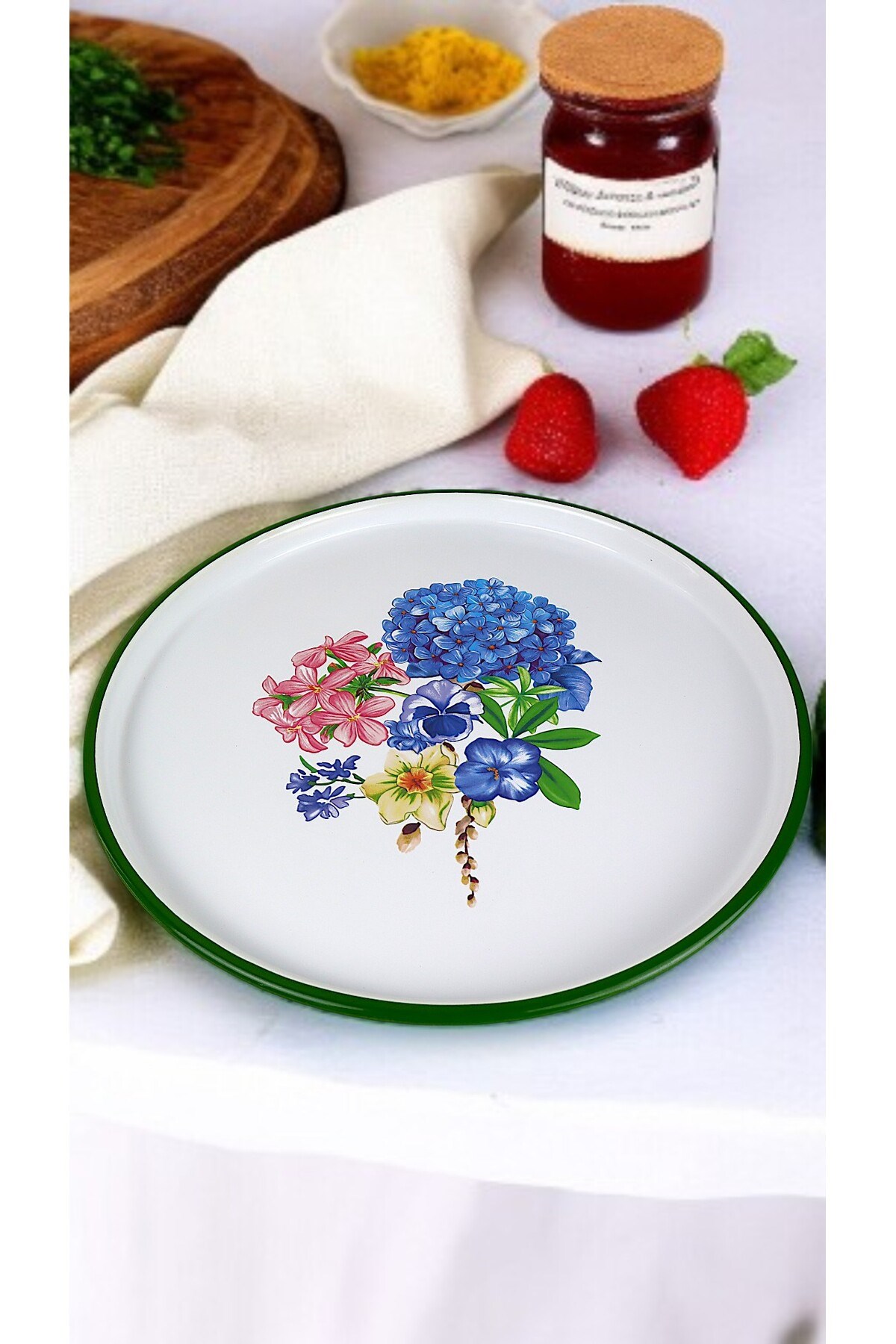 7 Parça Orta Boy Desenli Emaye Kahvaltı Seti,Sunum,Kahvaltı Tabağı, Reçellik,Zeytin, Peynir Tabağı