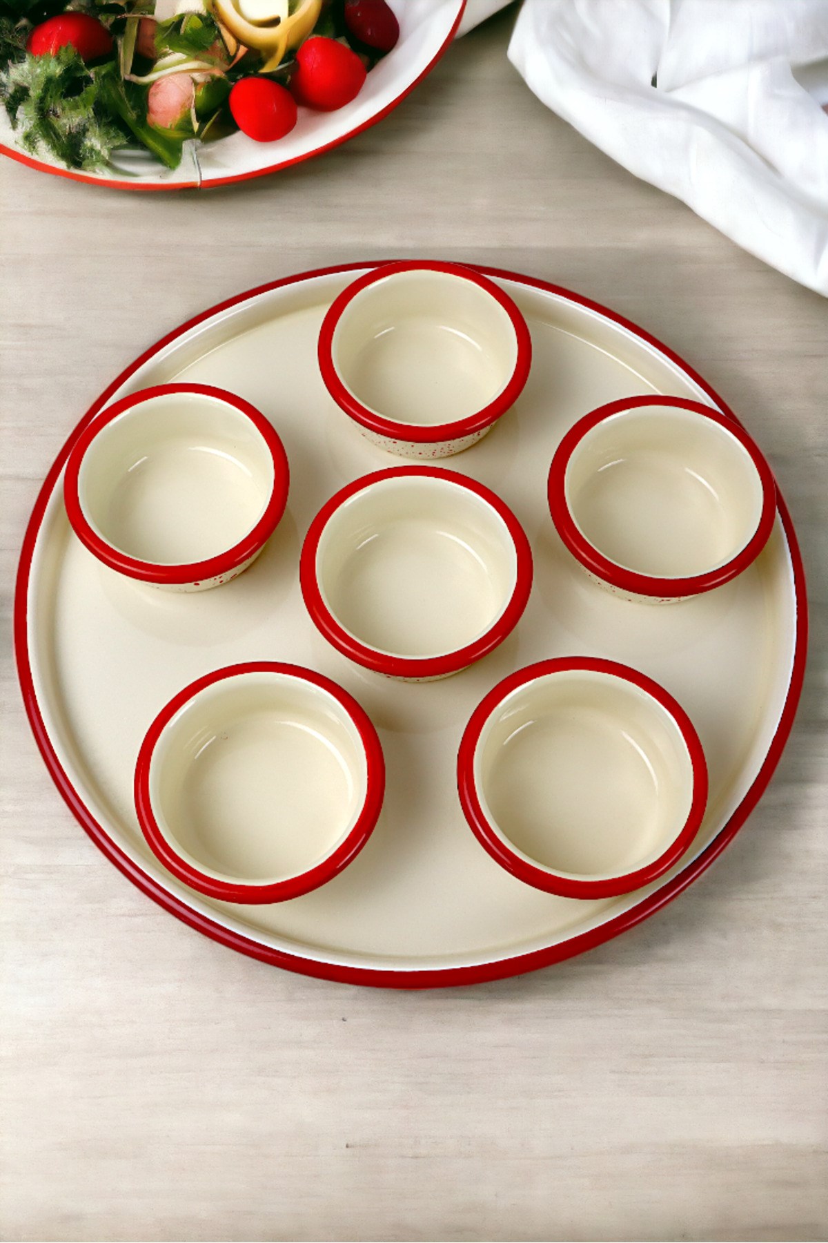 7 Parça Orta Boy Emaye Kahvaltı Seti, Sunum, Kahvaltı Tabağı, Reçellik, Zeytin, Peynir Tabağı,