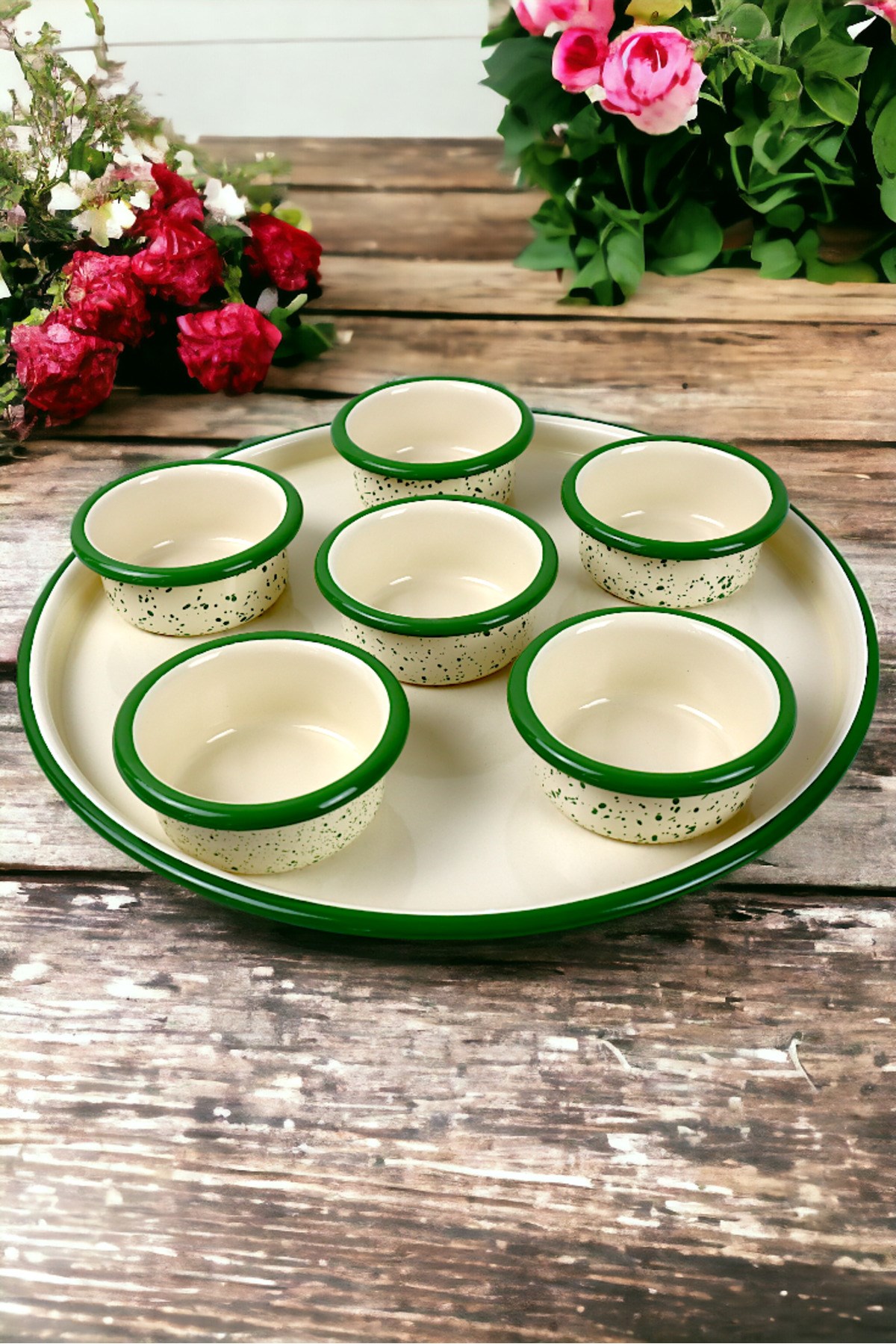 7 Parça Orta Boy Emaye Kahvaltı Seti, Sunum, Kahvaltı Tabağı, Reçellik, Zeytin, Peynir Tabağı,