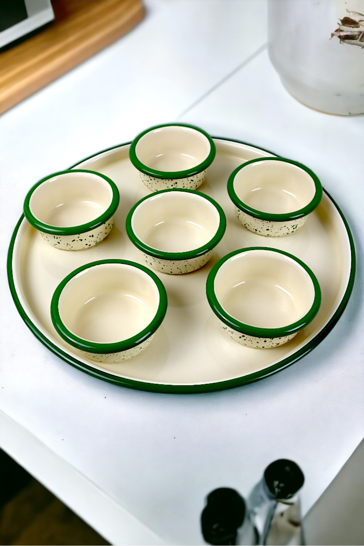 7 Parça Orta Boy Emaye Kahvaltı Seti, Sunum, Kahvaltı Tabağı, Reçellik, Zeytin, Peynir Tabağı,
