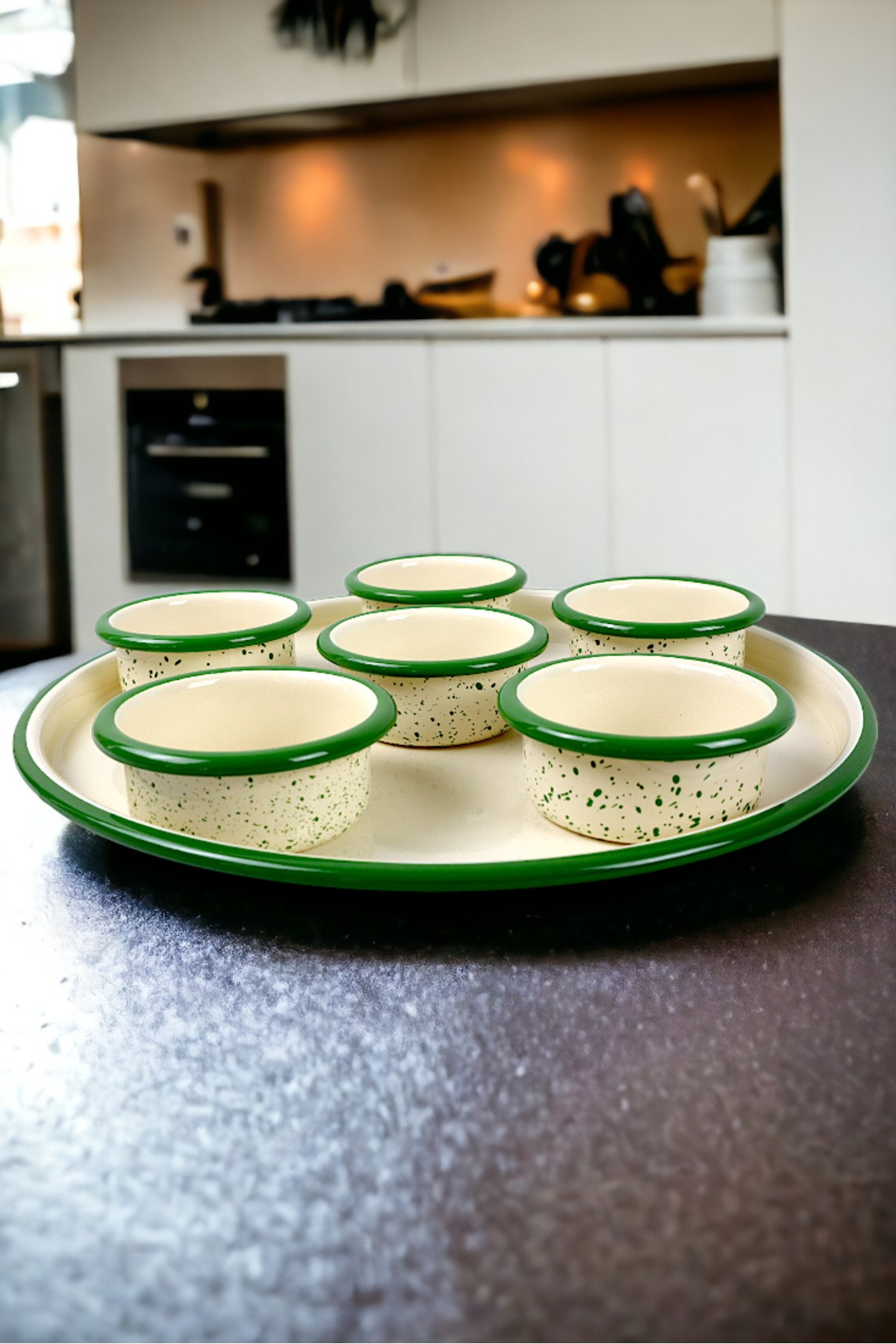 7 Parça Orta Boy Emaye Kahvaltı Seti, Sunum, Kahvaltı Tabağı, Reçellik, Zeytin, Peynir Tabağı,