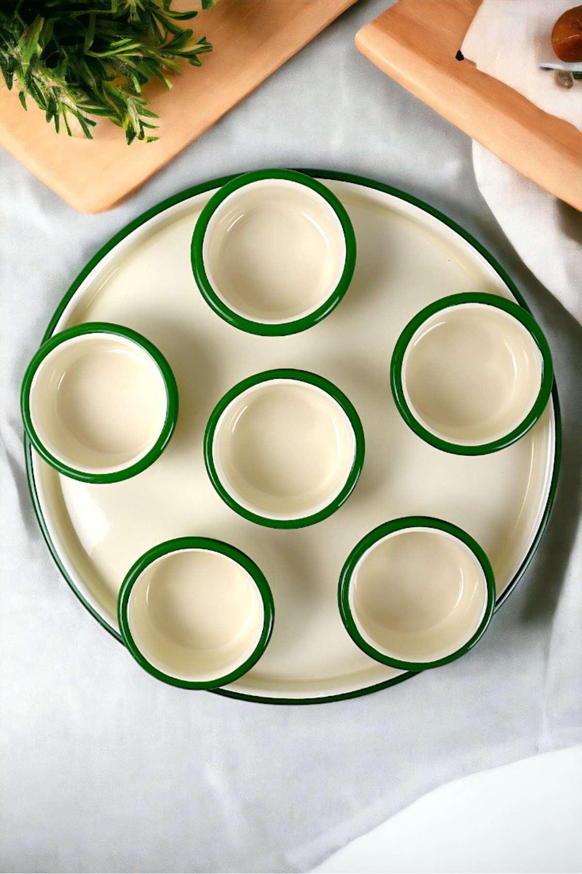 7 Parça Orta Boy Emaye Kahvaltı Seti, Sunum, Kahvaltı Tabağı, Reçellik, Zeytin, Peynir Tabağı,