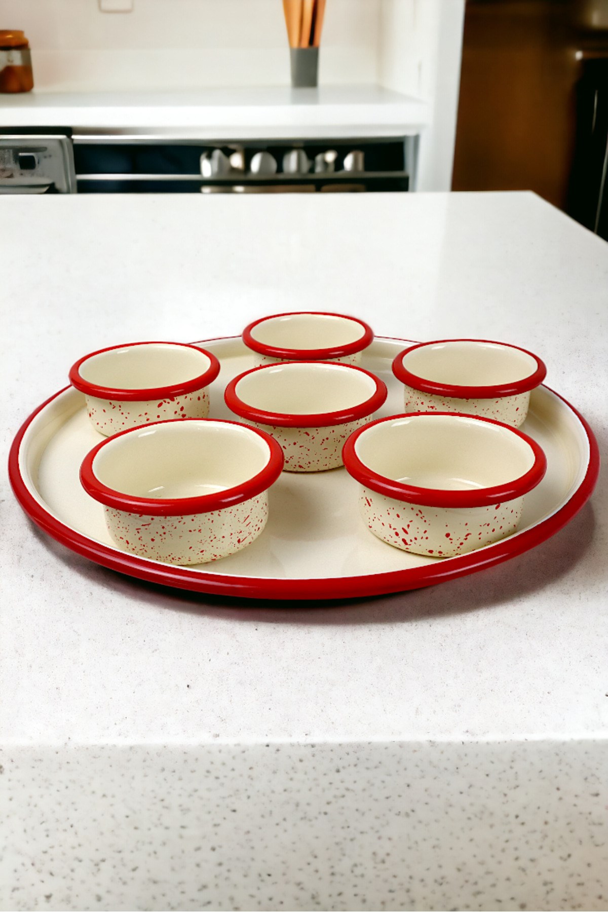 7 Parça Orta Boy Emaye Kahvaltı Seti, Sunum, Kahvaltı Tabağı, Reçellik, Zeytin, Peynir Tabağı,