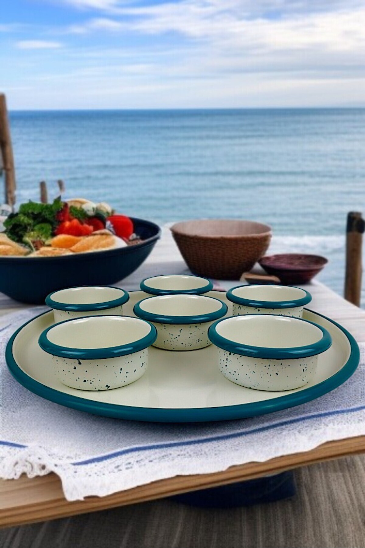 7 Parça Orta Boy Emaye Kahvaltı Seti, Sunum, Kahvaltı Tabağı, Reçellik, Zeytin, Peynir Tabağı,