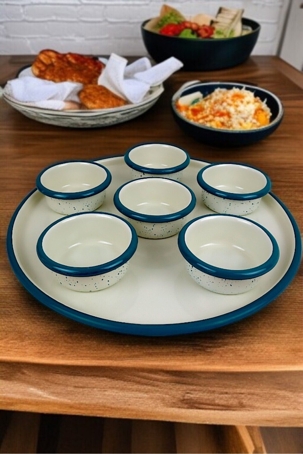 7 Parça Orta Boy Emaye Kahvaltı Seti, Sunum, Kahvaltı Tabağı, Reçellik, Zeytin, Peynir Tabağı,