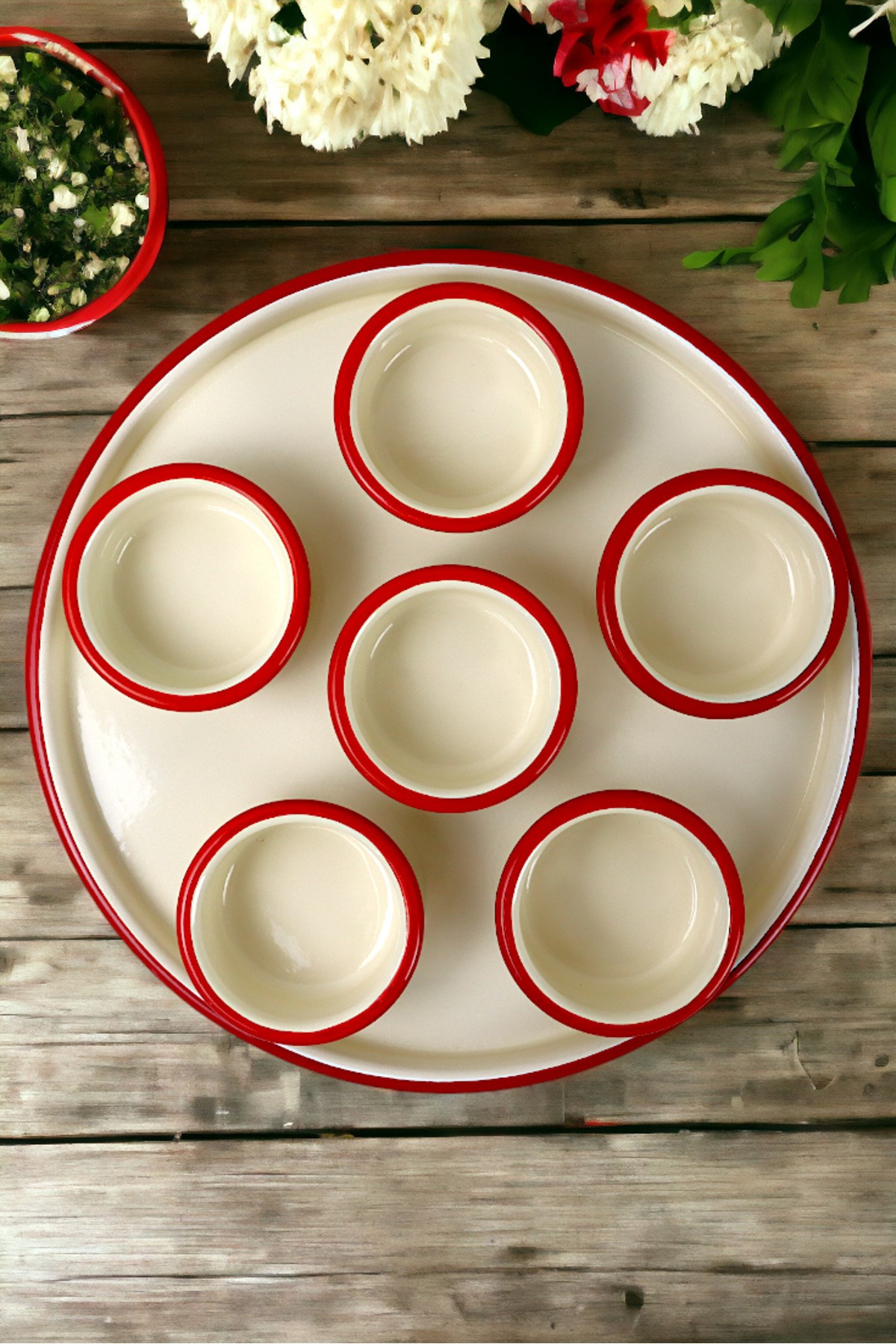 7 Parça Orta Boy Emaye Kahvaltı Seti, Sunum, Kahvaltı Tabağı, Reçellik, Zeytin, Peynir Tabağı,