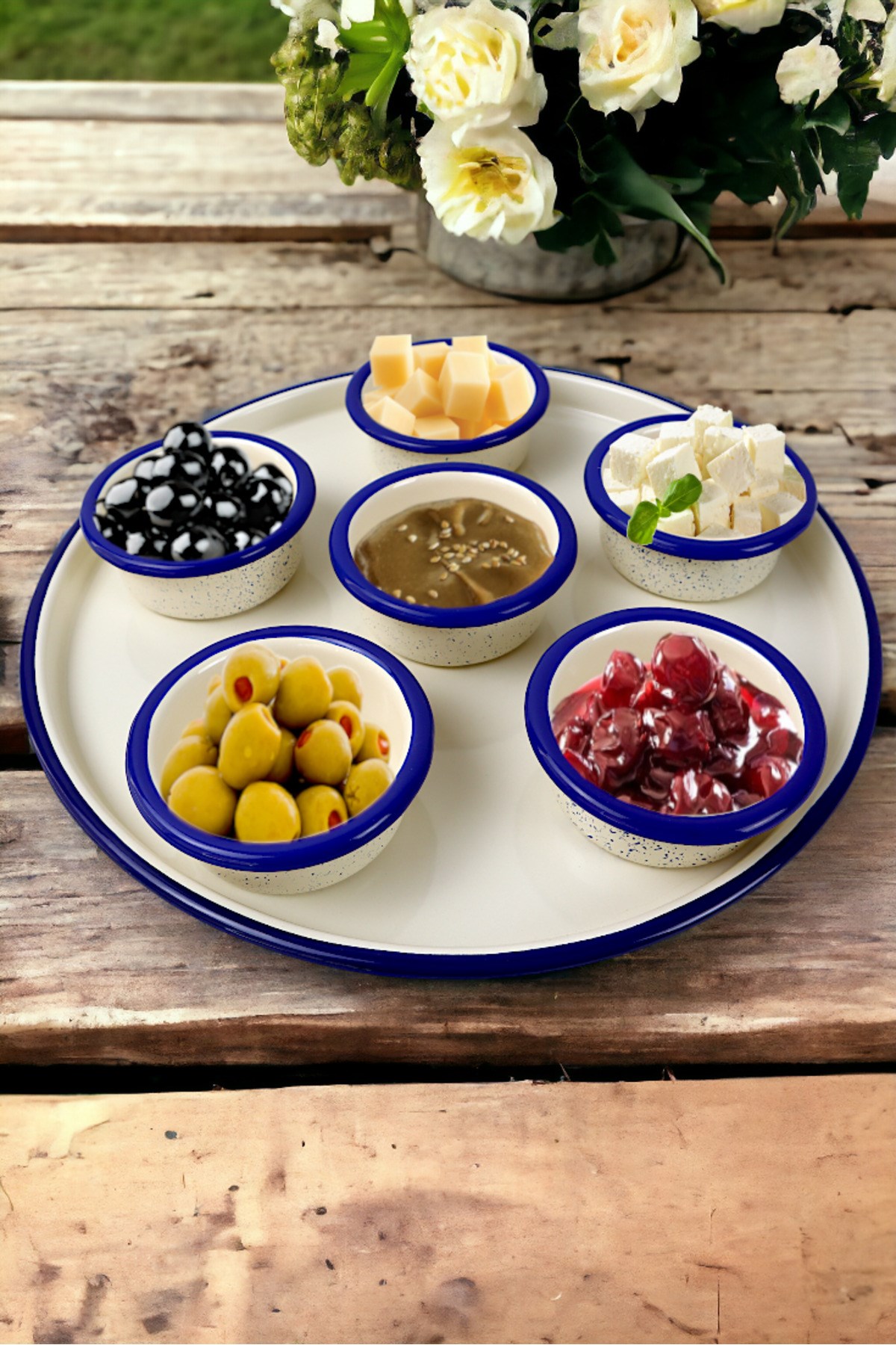 7 Parça Orta Boy Krem Emaye Kahvaltı Seti, Sunum, Kahvaltı Tabağı, Reçellik, Zeytin, Peynir Tabağı,
