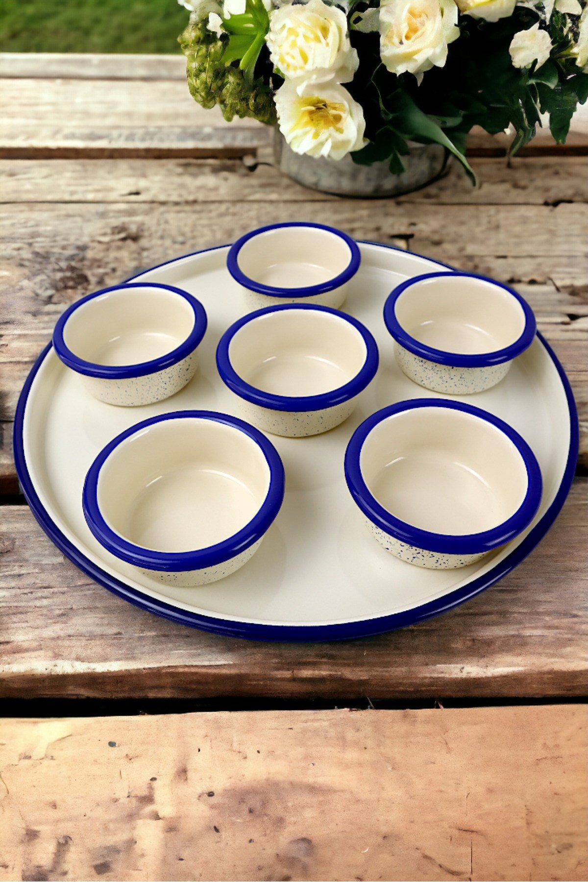 7 Parça Orta Boy Krem Emaye Kahvaltı Seti, Sunum, Kahvaltı Tabağı, Reçellik, Zeytin, Peynir Tabağı,