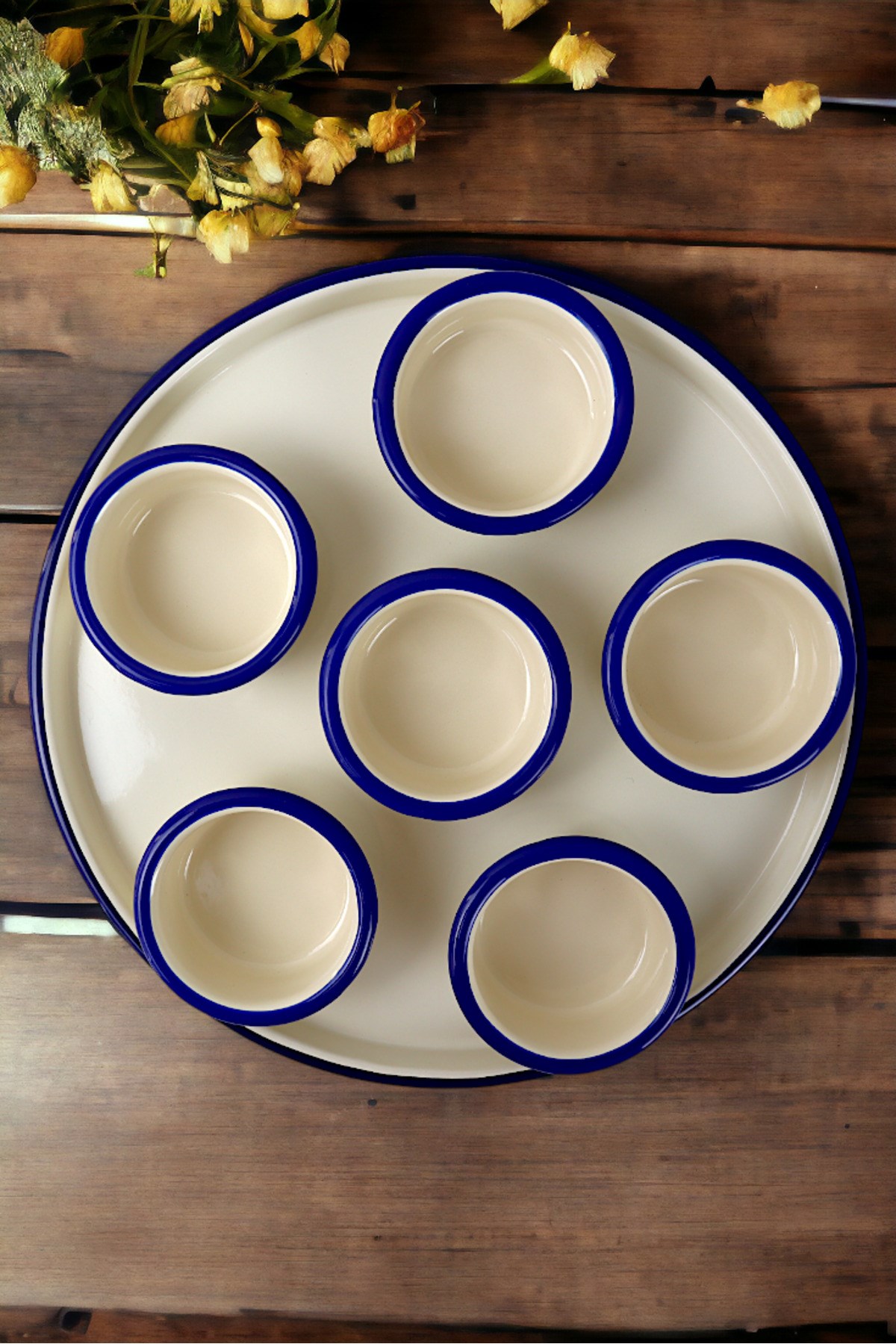 7 Parça Orta Boy Krem Emaye Kahvaltı Seti, Sunum, Kahvaltı Tabağı, Reçellik, Zeytin, Peynir Tabağı,