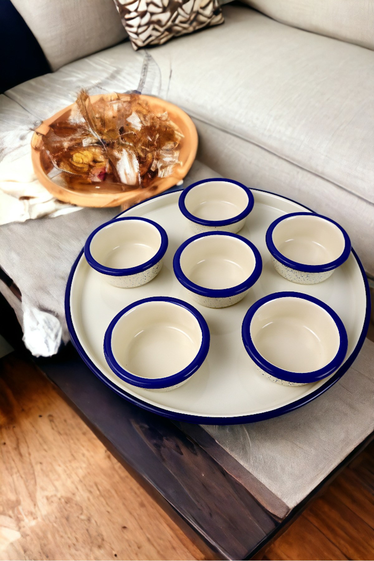 7 Parça Orta Boy Krem Emaye Kahvaltı Seti, Sunum, Kahvaltı Tabağı, Reçellik, Zeytin, Peynir Tabağı,