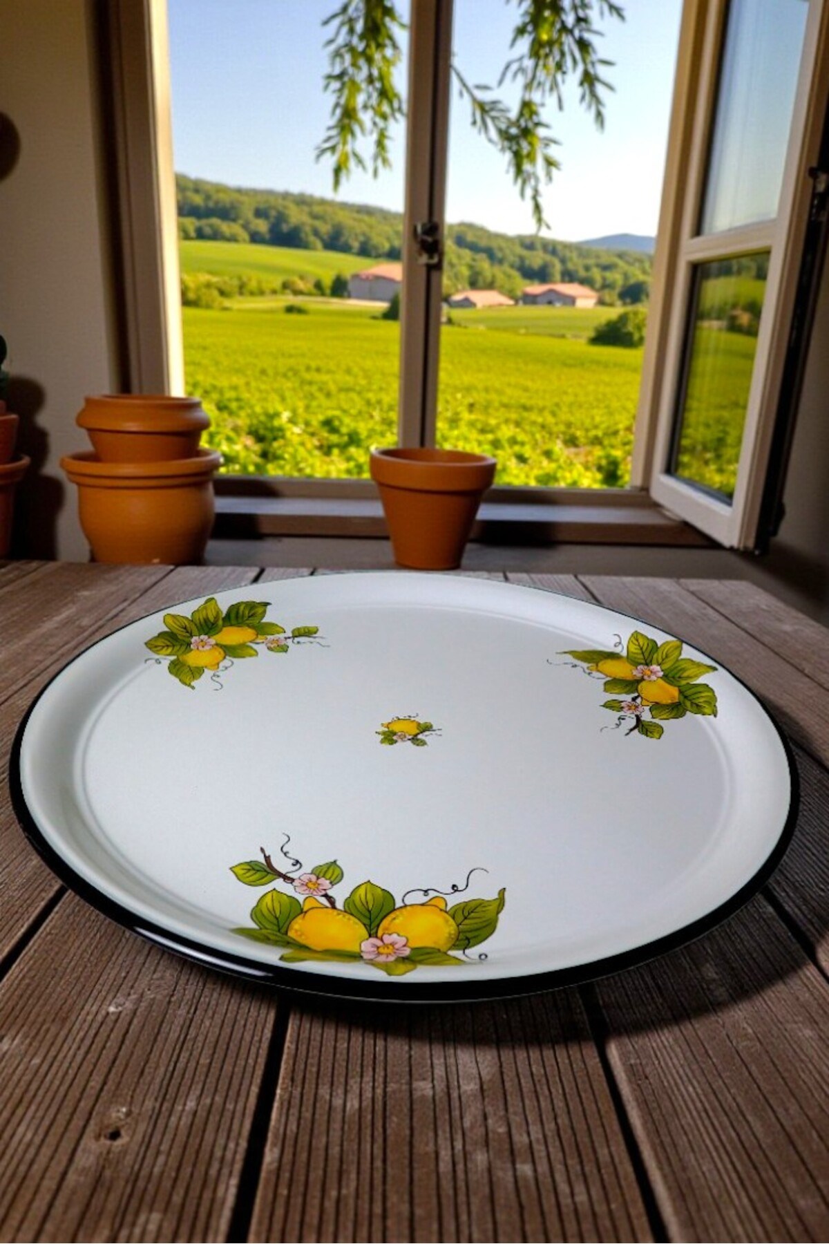 70 No Emaye Sini Sofra, Yemek Sunum Tepsi, Yer Sofrası Çinko ~68 Cm