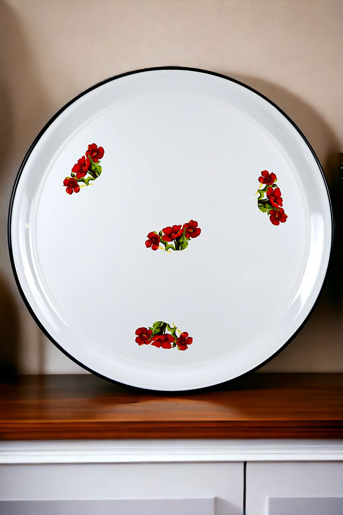70 No Emaye Sini Sofra, Yemek Sunum Tepsi, Yer Sofrası Çinko ~68 Cm
