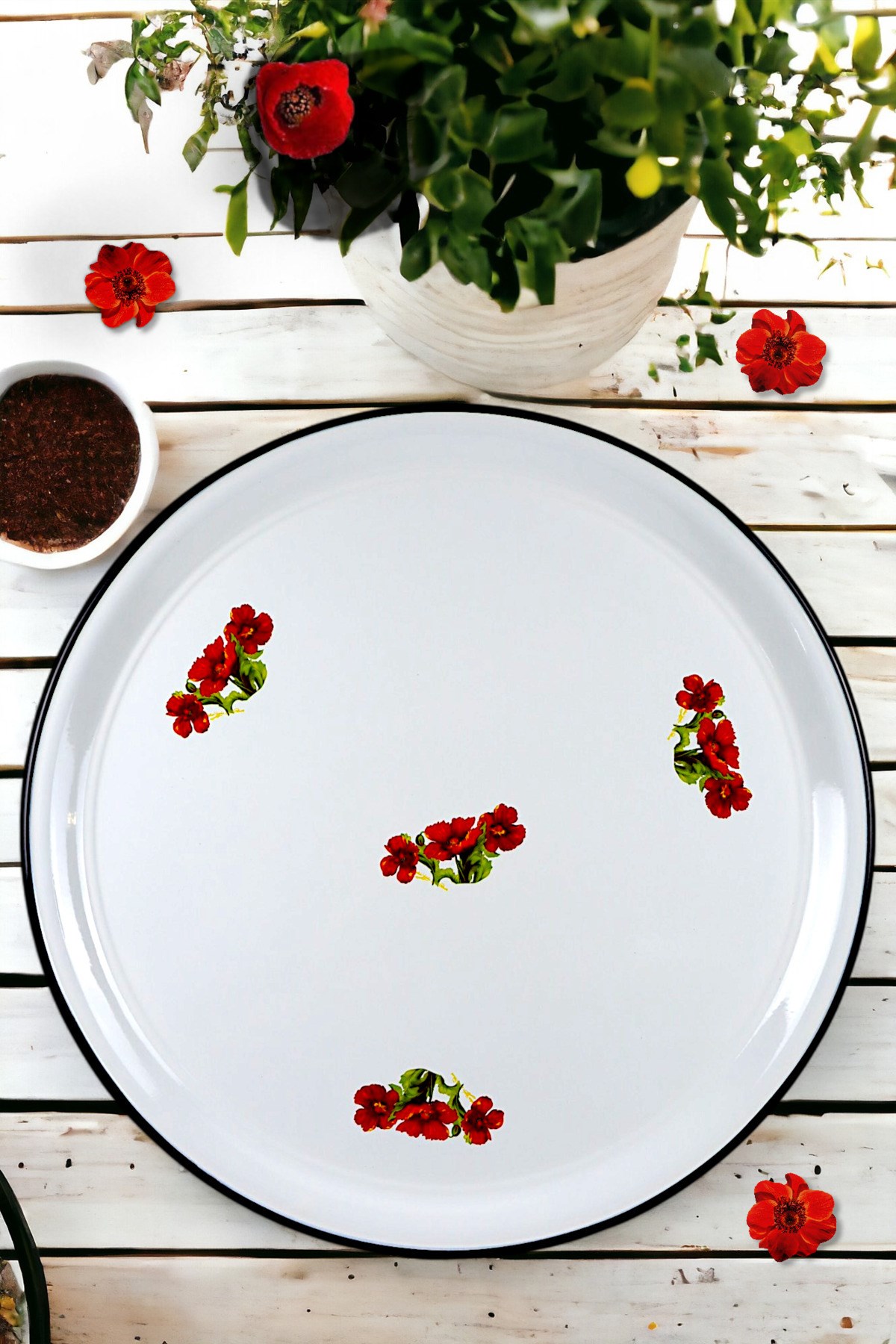 70 No Emaye Sini Sofra, Yemek Sunum Tepsi, Yer Sofrası Çinko ~68 Cm