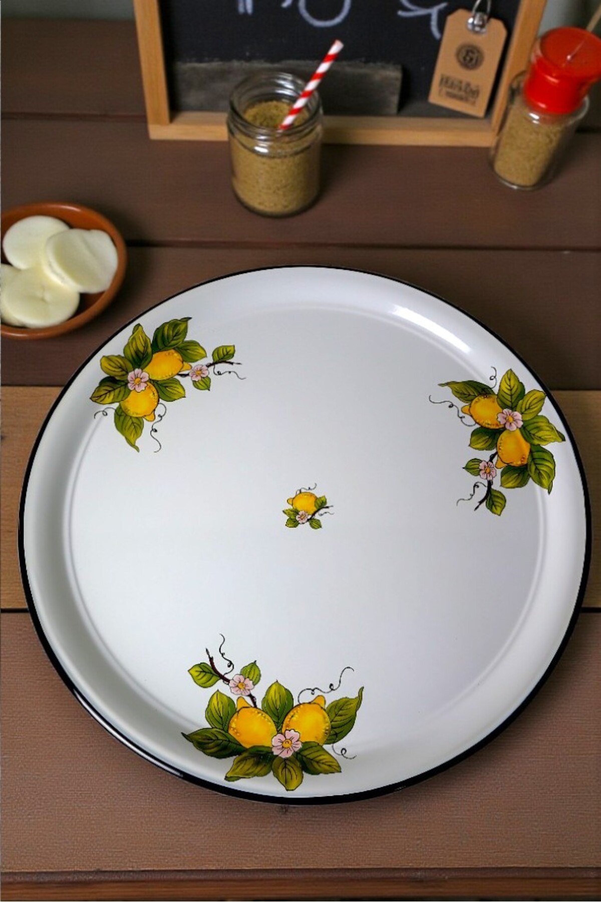 70 No Emaye Sini Sofra, Yemek Sunum Tepsi, Yer Sofrası Çinko ~68 Cm