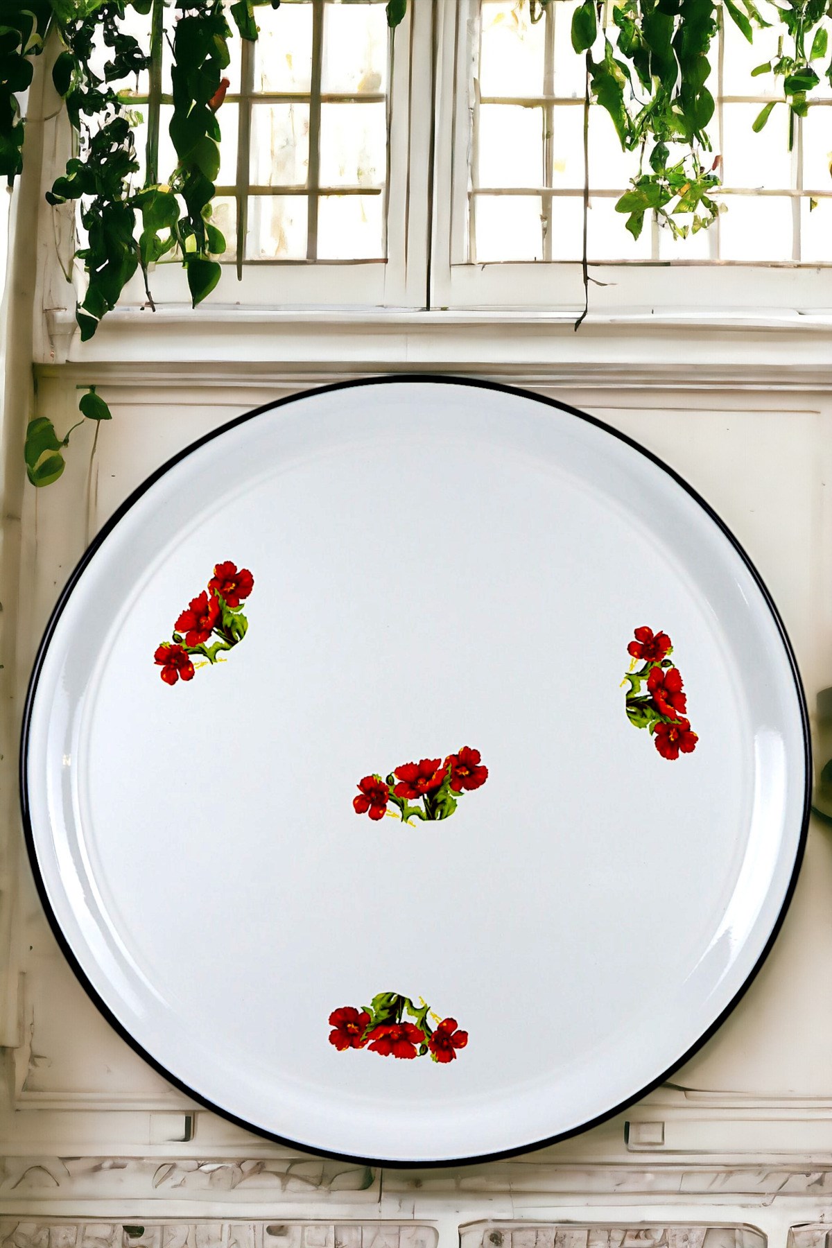 70 No Emaye Sini Sofra, Yemek Sunum Tepsi, Yer Sofrası Çinko ~68 Cm