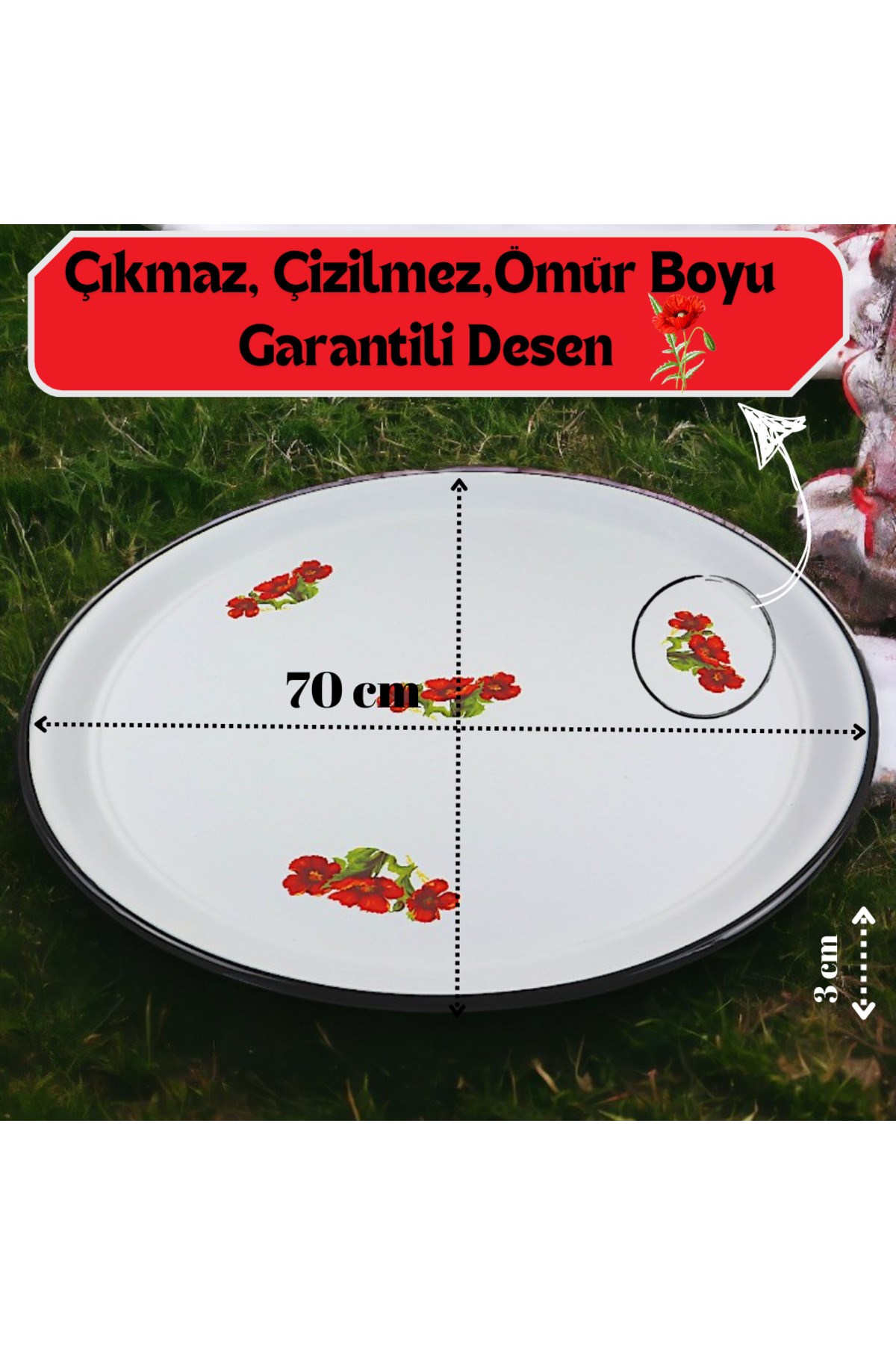 70 No Emaye Sini Sofra, Yemek Sunum Tepsi, Yer Sofrası Çinko ~68 Cm