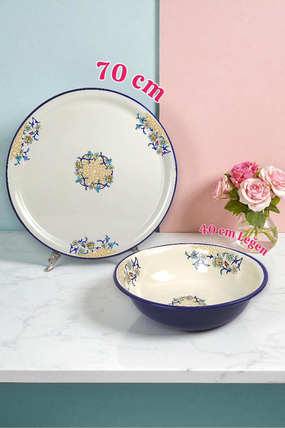 70 No Emaye ve 40 No Leğen Sini Sofra, Yemek Sunum Tepsi, Çırpma Ve Karıştırma Kabı ~68 Cm-40 Cm