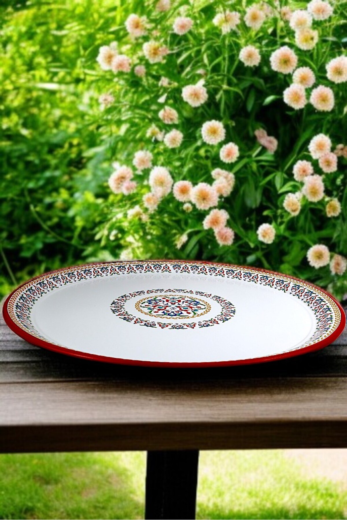 70 No kırmızı kenar Emaye Sini Sofra, Yemek Sunum Tepsi, Yer Sofrası Çinko ~68 Cm kalınlık:1mm