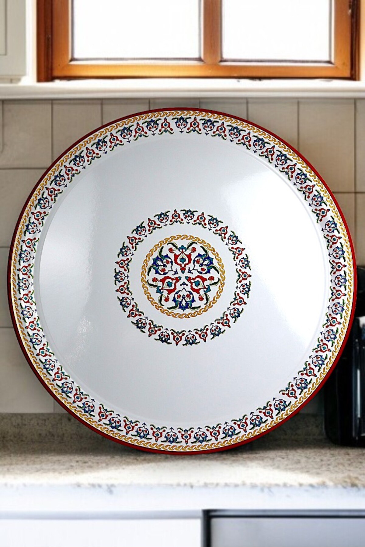 70 No kırmızı kenar Emaye Sini Sofra, Yemek Sunum Tepsi, Yer Sofrası Çinko ~68 Cm kalınlık:1mm