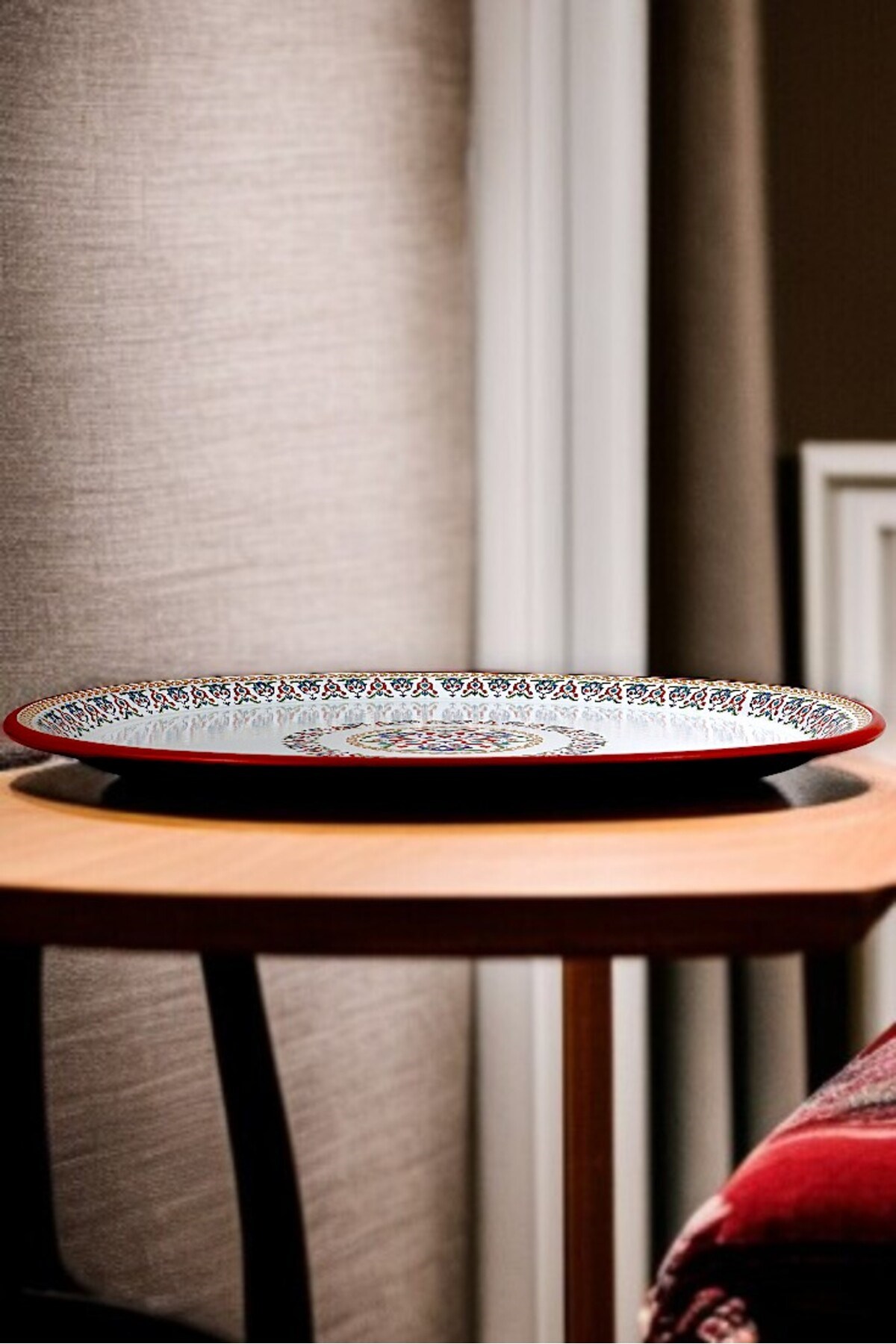 70 No kırmızı kenar Emaye Sini Sofra, Yemek Sunum Tepsi, Yer Sofrası Çinko ~68 Cm kalınlık:1mm