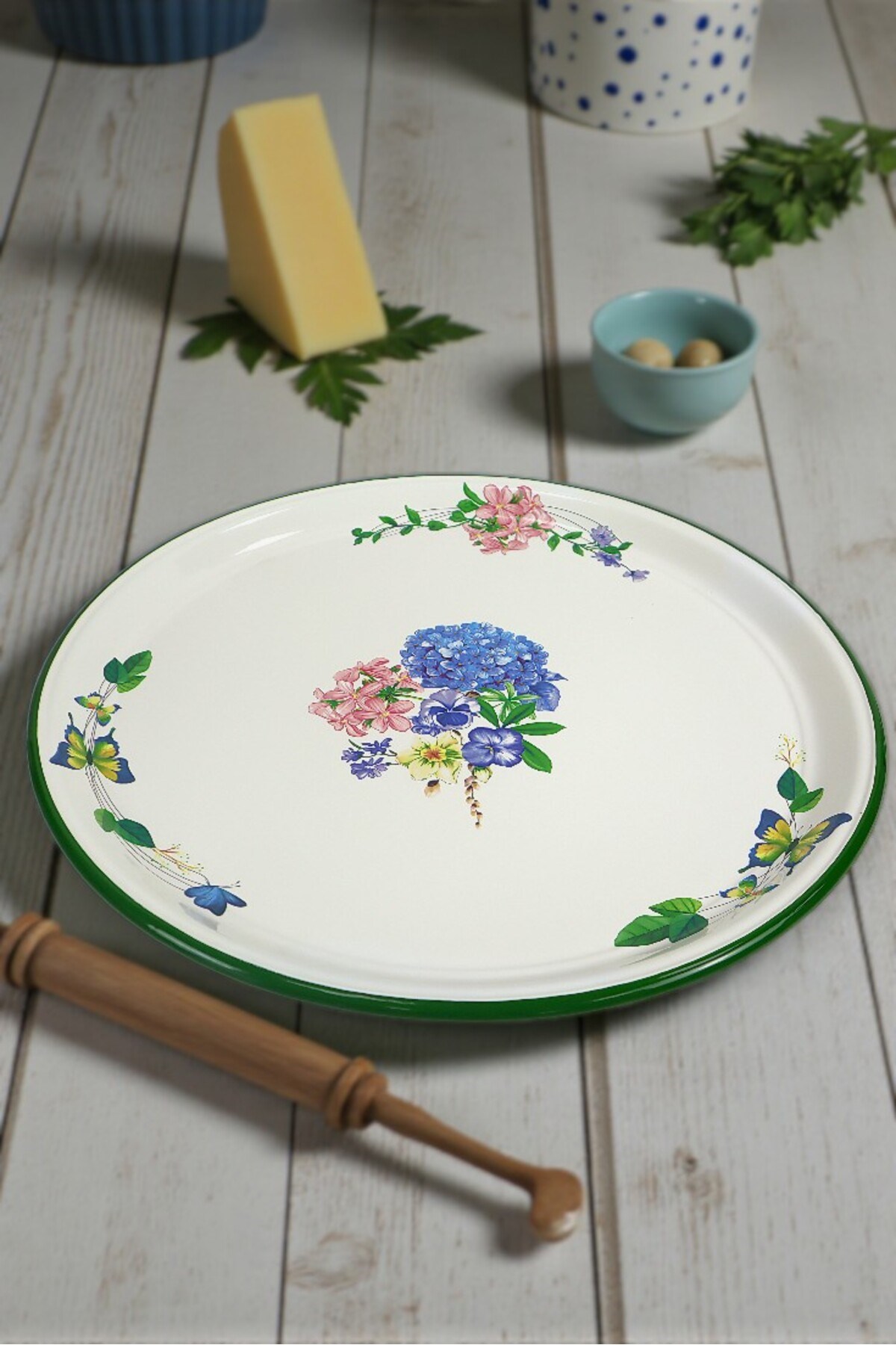70 No Krem Emaye Sini Sofra, Yemek Sunum Tepsi, Yer Sofrası Çinko ~68 Cm