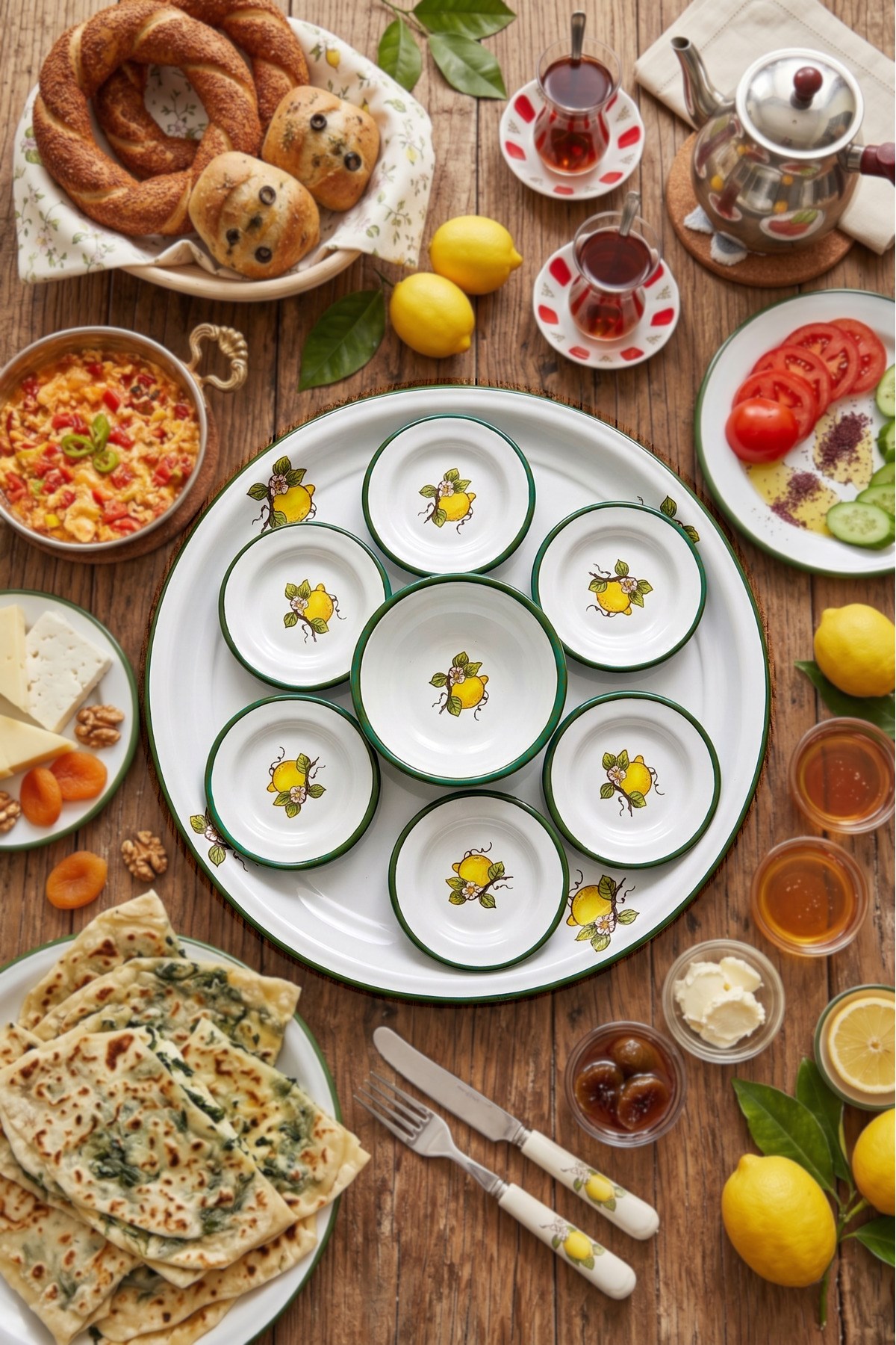 8 Parça Emaye Kahvaltı Seti, Sunum, Kahvaltı Tabağı, Reçellik, Zeytin, Peynir Tabağı, Çeyiz, Hediye