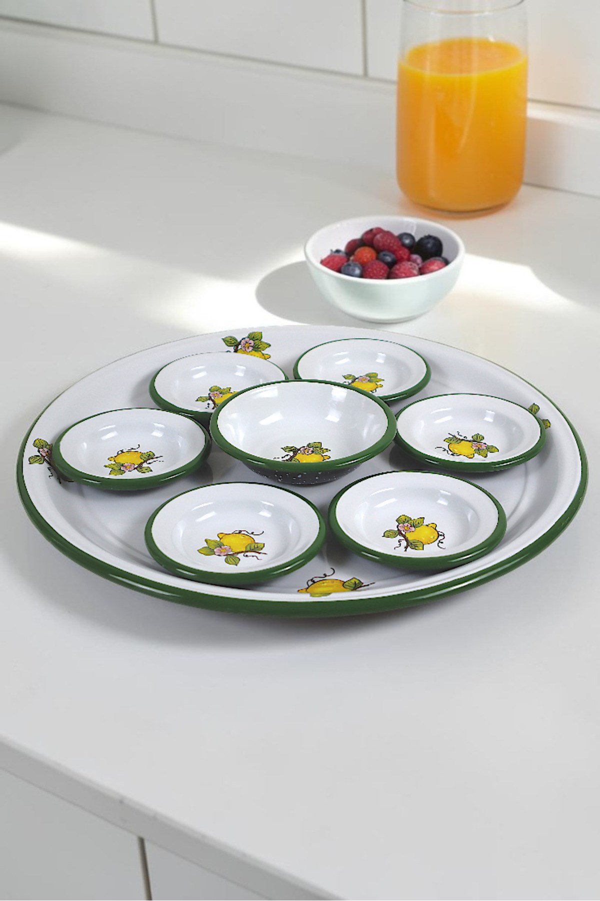 8 Parça Emaye Kahvaltı Seti, Sunum, Kahvaltı Tabağı, Reçellik, Zeytin, Peynir Tabağı, Çeyiz, Hediye