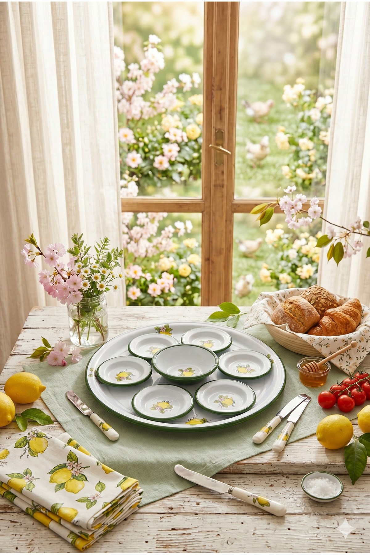 8 Parça Emaye Kahvaltı Seti, Sunum, Kahvaltı Tabağı, Reçellik, Zeytin, Peynir Tabağı, Çeyiz, Hediye