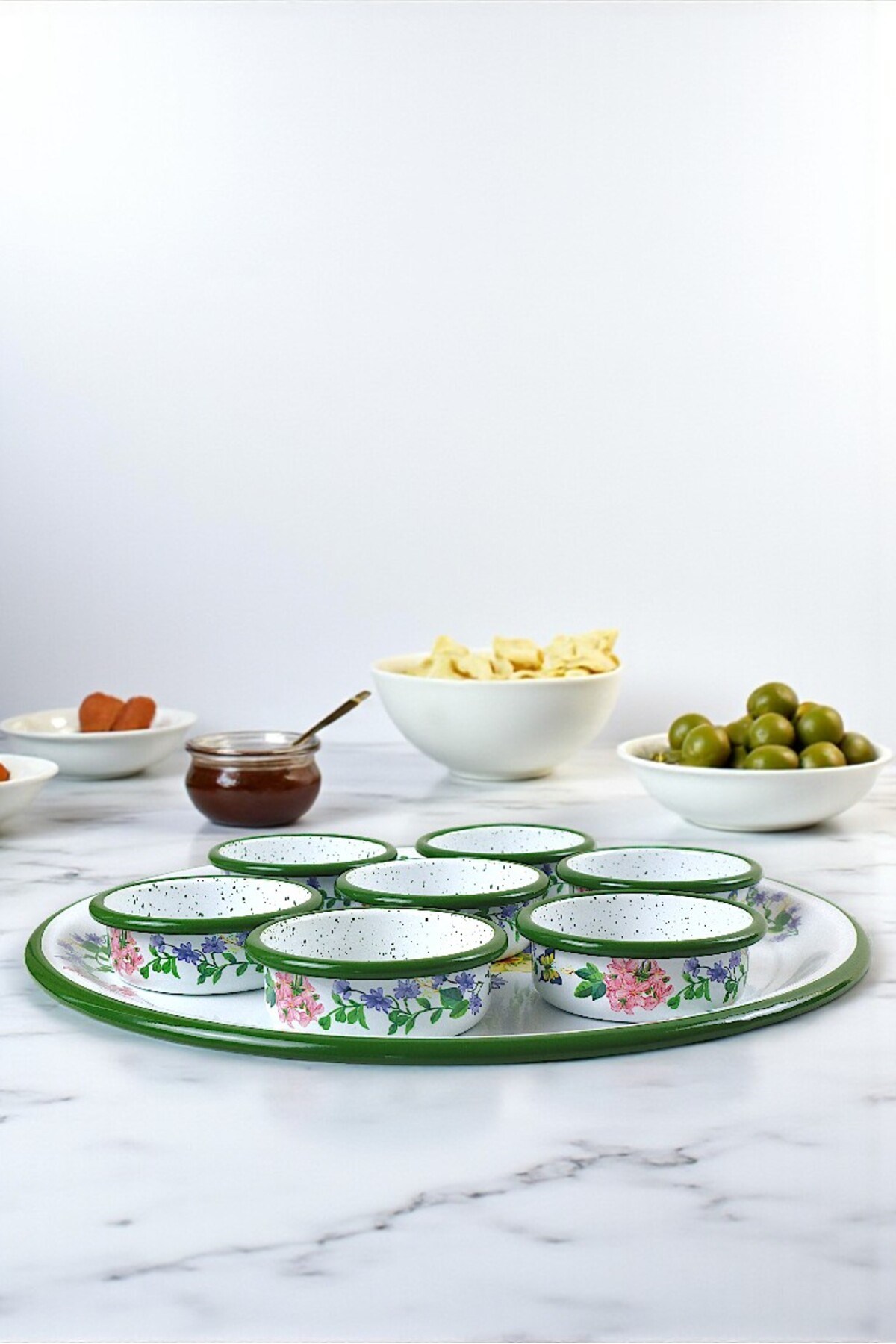 8 Parça Orta Boy,kapaklı,Desenli Emaye Kahvaltı Seti,Sunum,Kahvaltı Tabağı, Reçellik,Zeytin