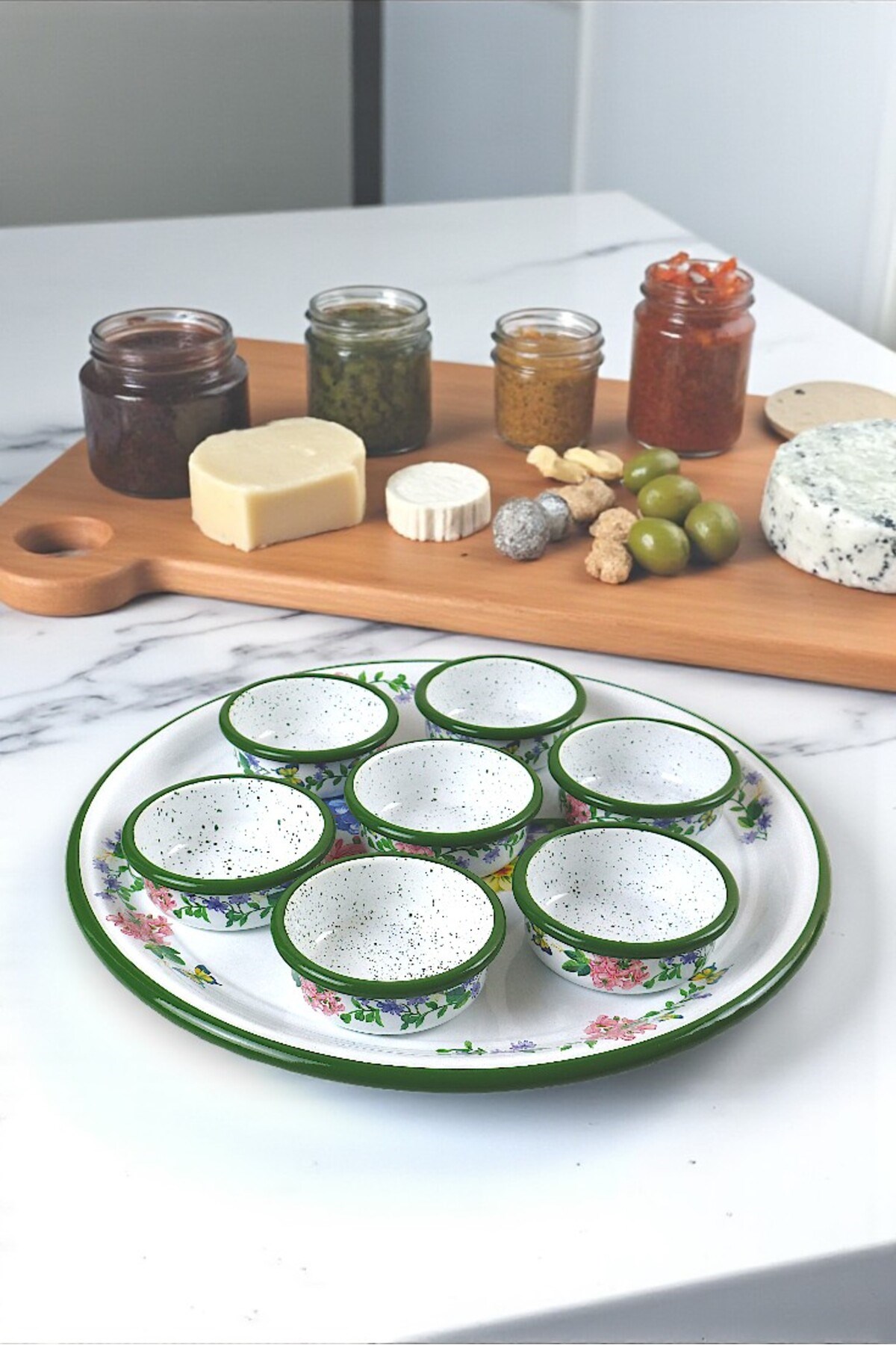 8 Parça Orta Boy,kapaklı,Desenli Emaye Kahvaltı Seti,Sunum,Kahvaltı Tabağı, Reçellik,Zeytin