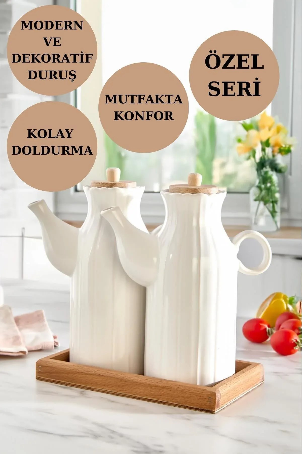Ahşap Standlı Cam Yağlık Sirkelik Seti 1 LT | Kayın Standlı