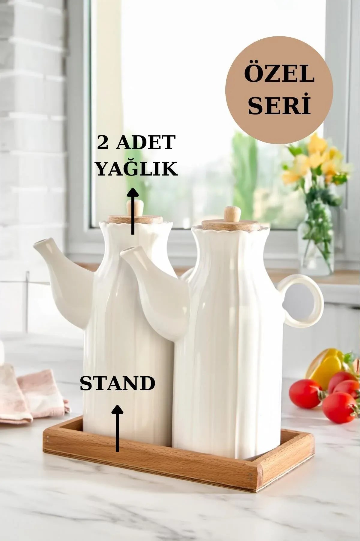 Ahşap Standlı Cam Yağlık Sirkelik Seti 1 LT | Kayın Standlı