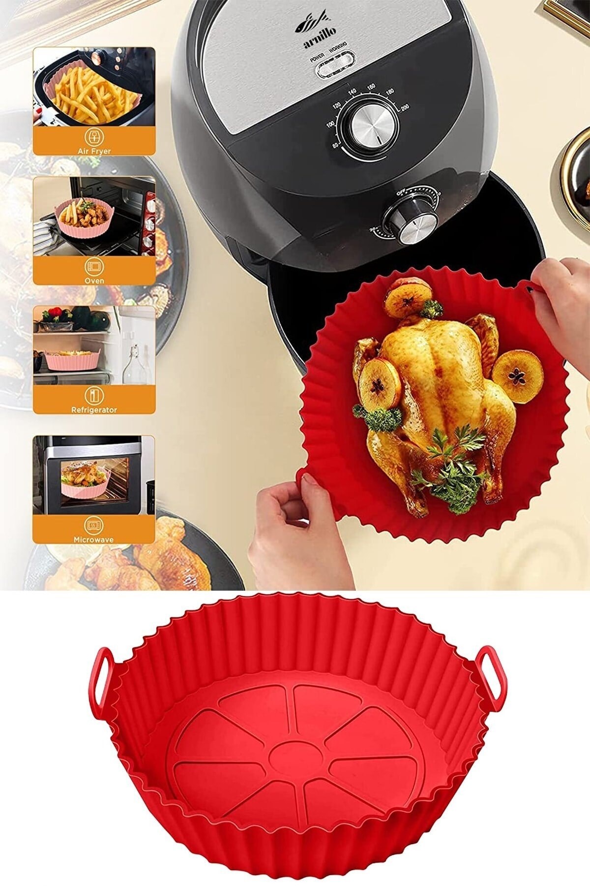 Airfryer Silikon Pişirme Kalıbı - Air Fryer Aksesuarı, Pişirme Kağıdı - Kırmızı (bpa Free)