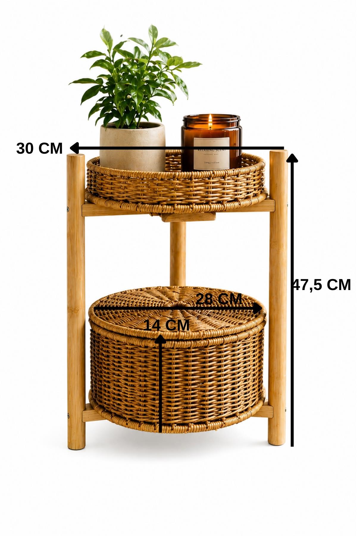 Bambu Ayaklı Rattan Sepetli Organizer Sebzelik 2 Katlı Çok Amaçlı Dekoratif Stand Banyo Düzenleyici