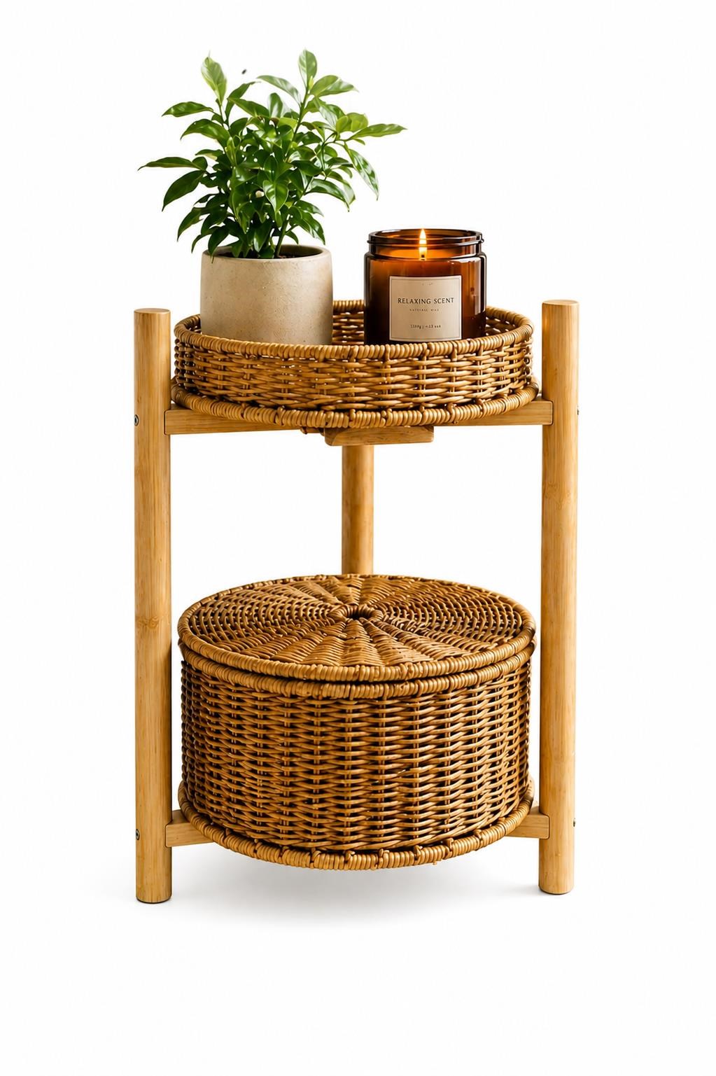 Bambu Ayaklı Rattan Sepetli Organizer Sebzelik 2 Katlı Çok Amaçlı Dekoratif Stand Banyo Düzenleyici