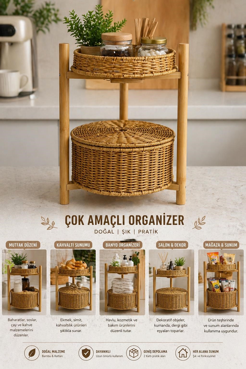 Bambu Ayaklı Rattan Sepetli Organizer Sebzelik 2 Katlı Çok Amaçlı Dekoratif Stand Banyo Düzenleyici
