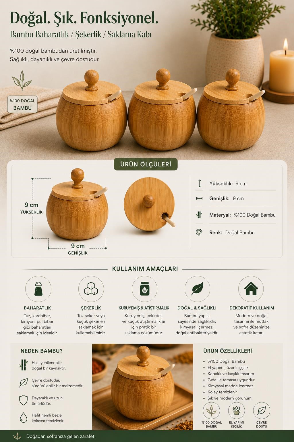 Bambu Baharatlık Seti 3'lü Kapaklı Kaşıklı Tuzluk Şekerlik Saklama Kabı Doğal Ahşap Organizer