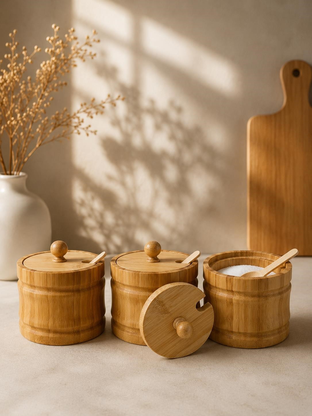 Bambu Baharatlık Seti 3'lü Kaşıklı Kapaklı Tuzluk Çay Şekerlik Kahve ve Baharat Saklama Kabı 9x9 cm