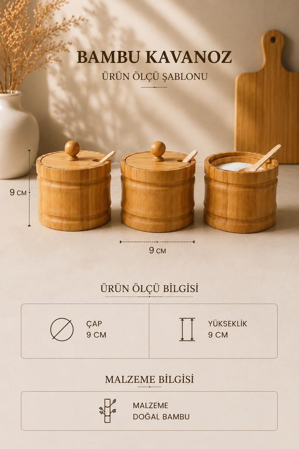 Bambu Baharatlık Seti 3'lü Kaşıklı Kapaklı Tuzluk Çay Şekerlik Kahve ve Baharat Saklama Kabı 9x9 cm