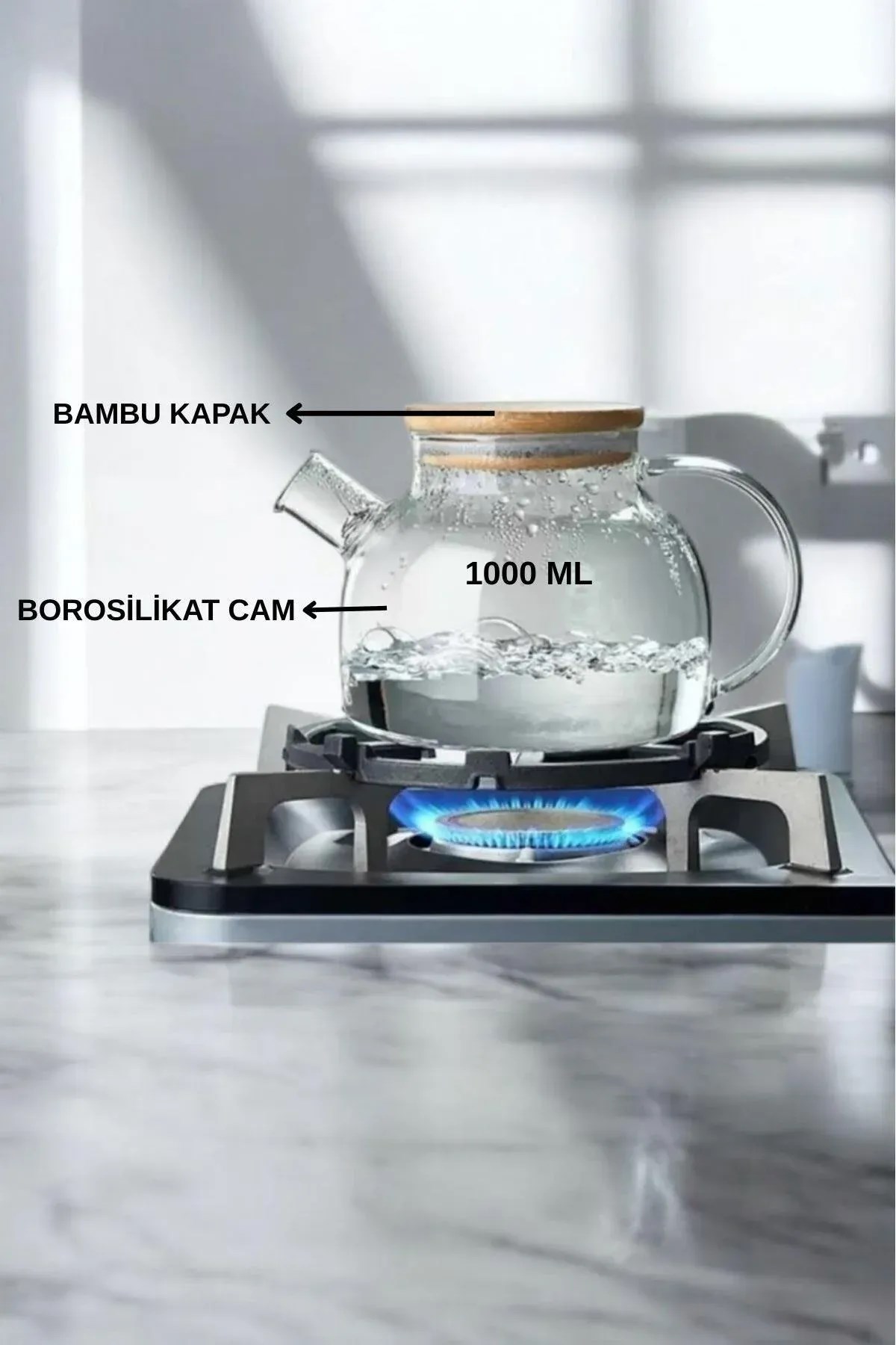 Bambu Kapaklı Isıya Dayanıklı Cam Bitki Çaydanlığı & Demlik