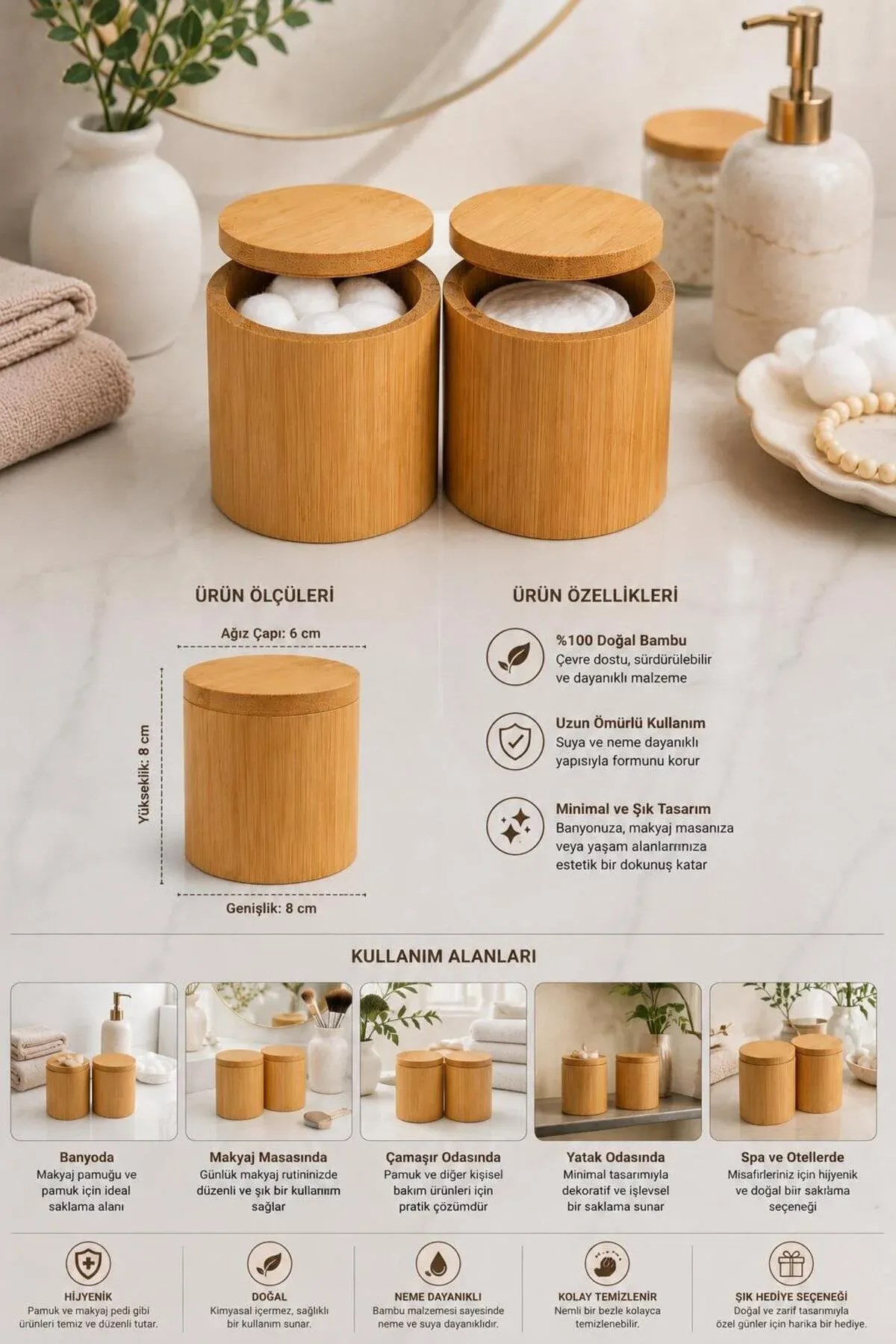 Bambu Kapaklı Makyaj Pamuğu Saklama Kutusu 8x8 cm