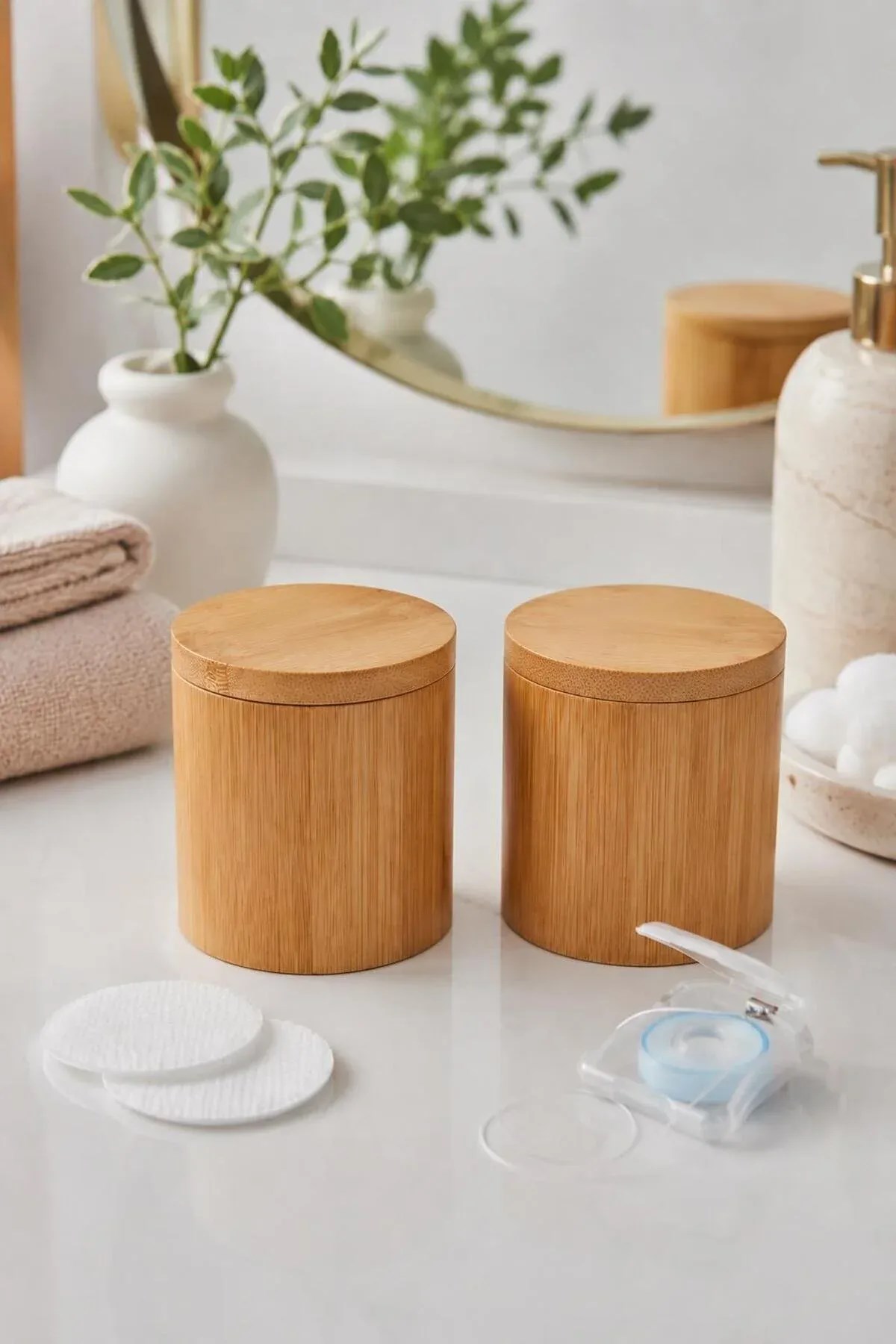 Bambu Kapaklı Makyaj Pamuğu Saklama Kutusu 8x8 cm