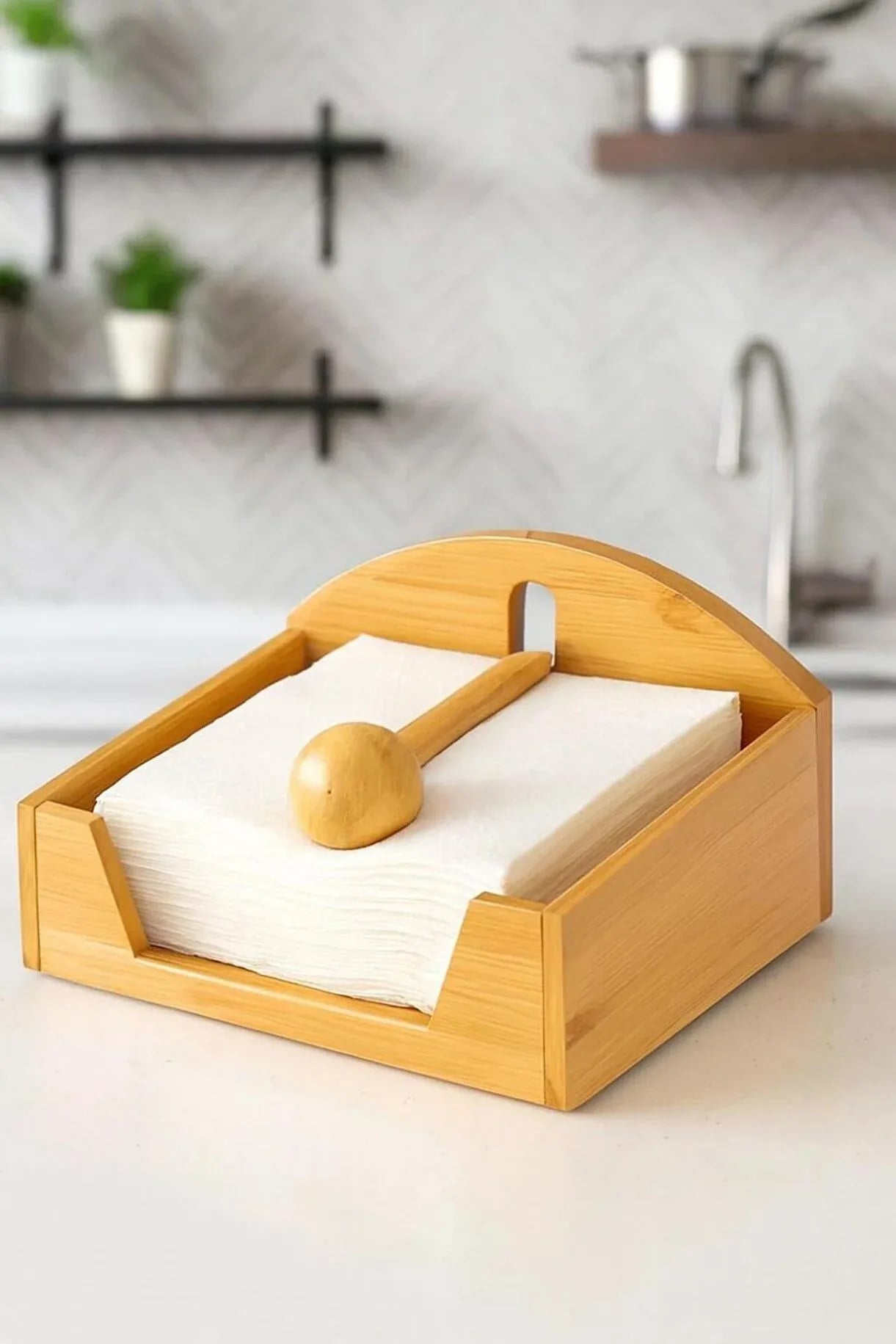 Bambu Kare Peçetelik 18x18 cm – Döner Kollu Ahşap Peçetelik