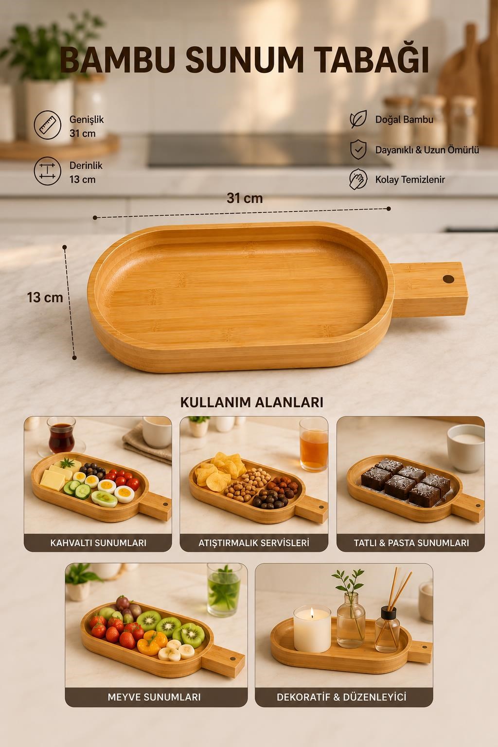 Bambu Saplı Sunum Tabağı 31x13 cm Kahvaltılık ve Atıştırmalık Servis Tepsisi