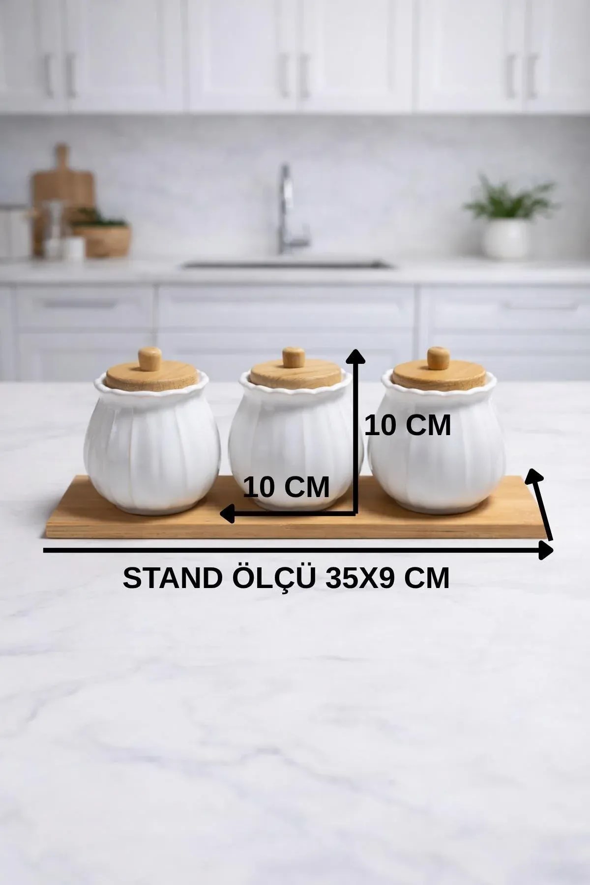 Bambu Standlı 7'li Seramik Baharatlık Seti – Ahşap Vakum Kapaklı Kavanoz