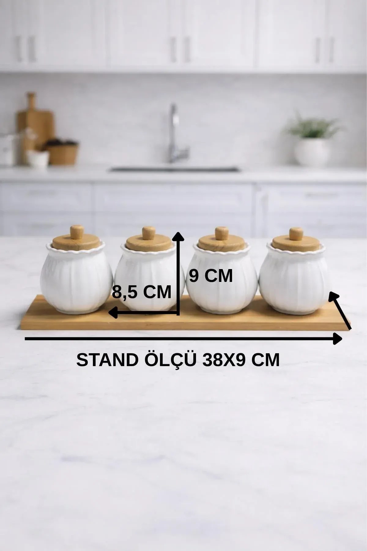 Bambu Standlı 7'li Seramik Baharatlık Seti – Ahşap Vakum Kapaklı Kavanoz