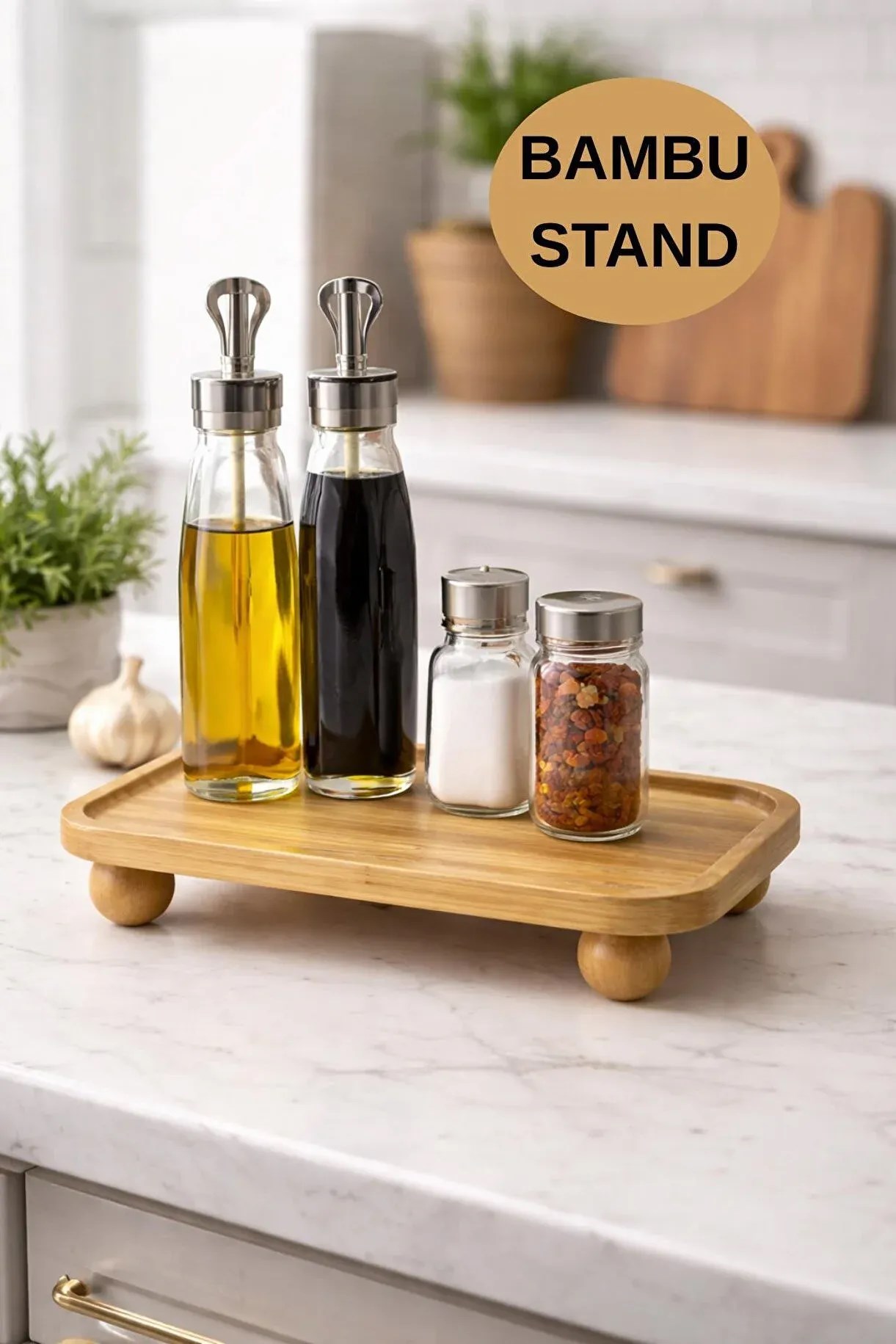 Bambu Sunumluk Stand – Yağlık & Baharatlık Organizer