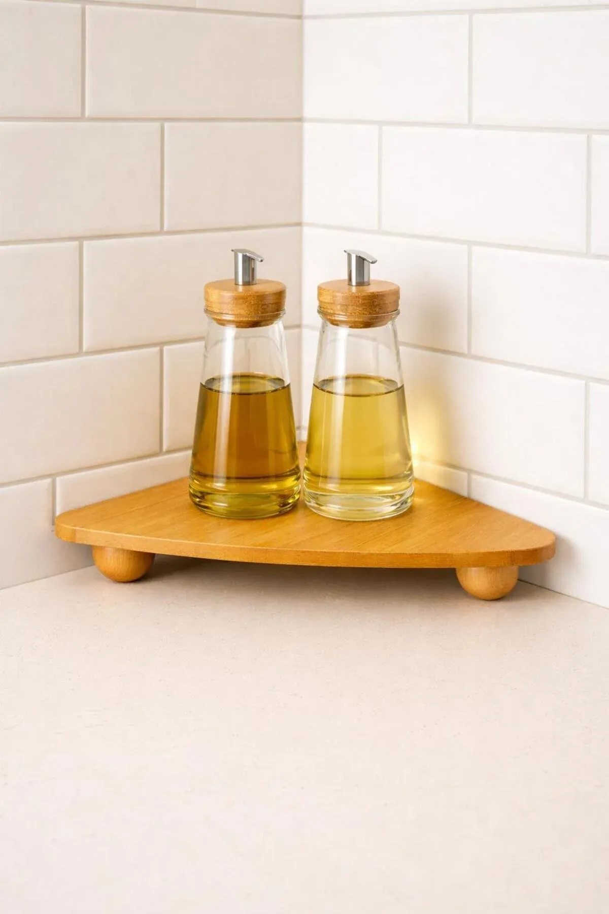 Bambu Üçgen Köşe Rafı – Banyo & Mutfak Tezgah Üstü Organizer