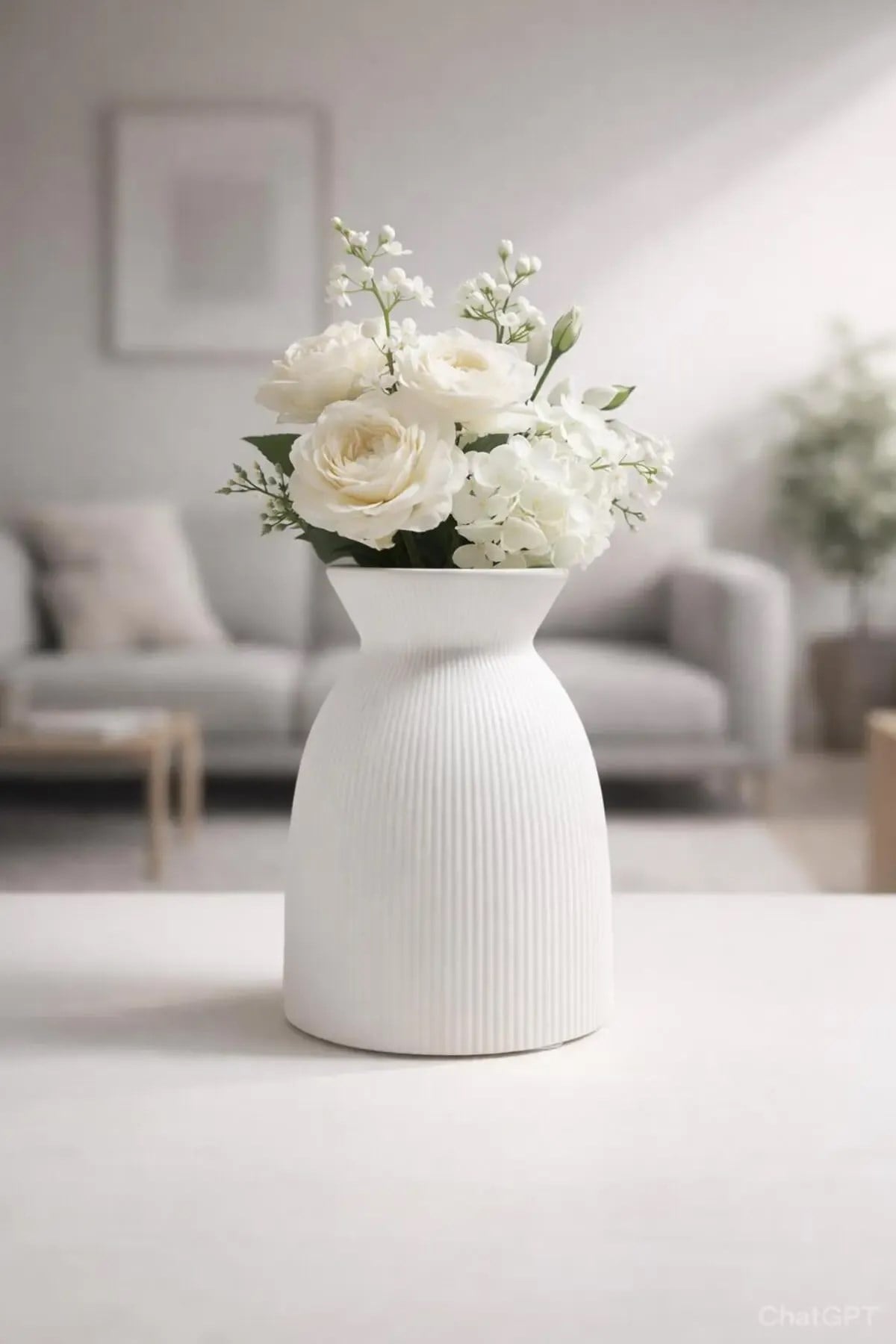 Beyaz Seramik Çizgili Vazo Modern Trend Tasarım
