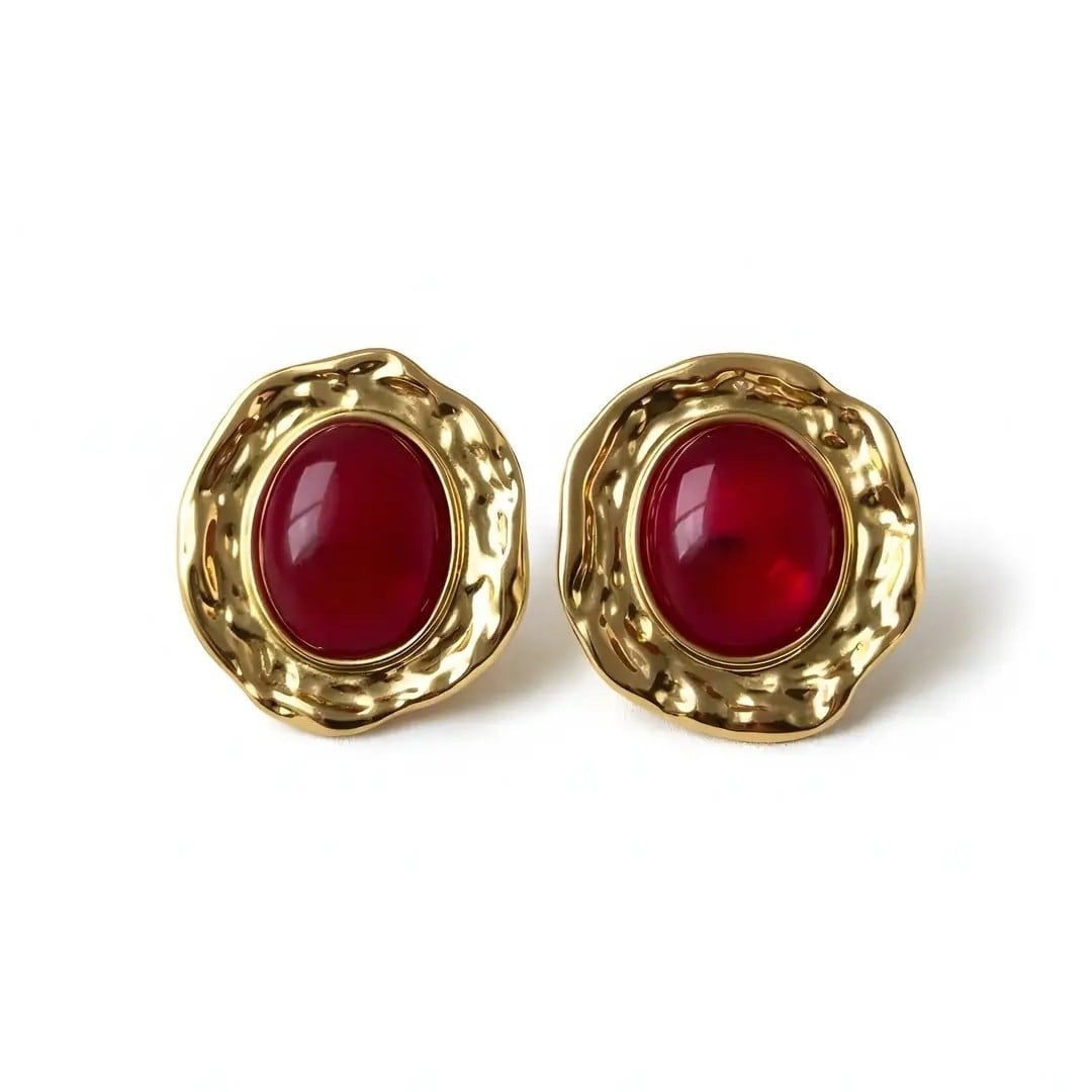 Bordo Taşlı Gold Küpe